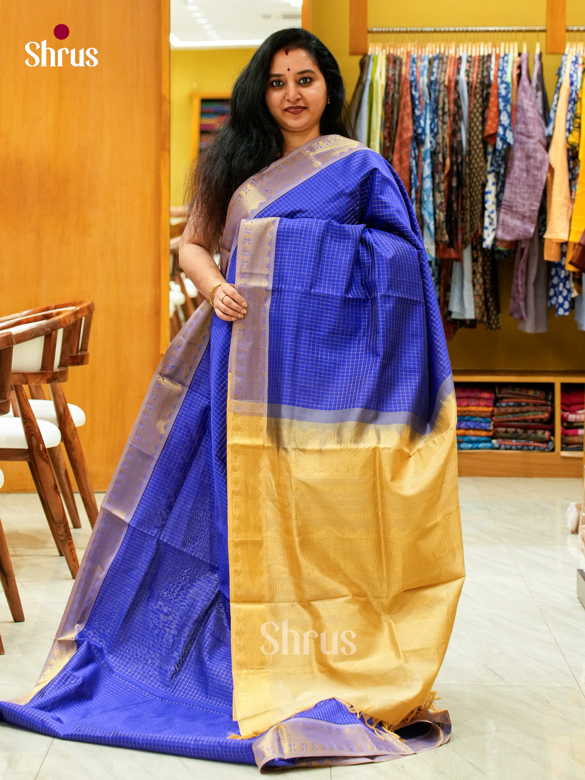 Blue Halfpure Silk Cotton Saree with Checks | Sandal Contrast Border