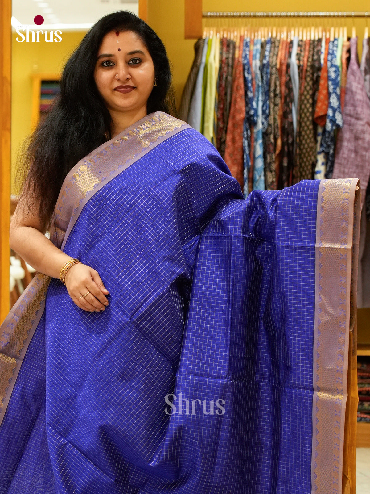 Blue Halfpure Silk Cotton Saree with Checks | Sandal Contrast Border