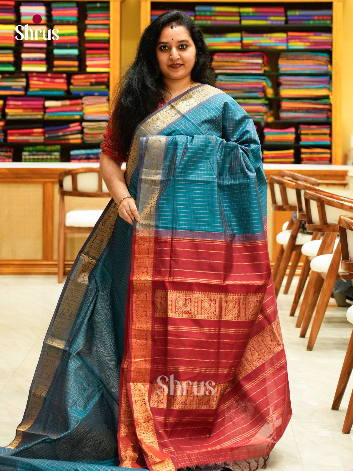 Peacock Green Halfpure Silk Cotton Saree with Checks | Maroon Contrast Border