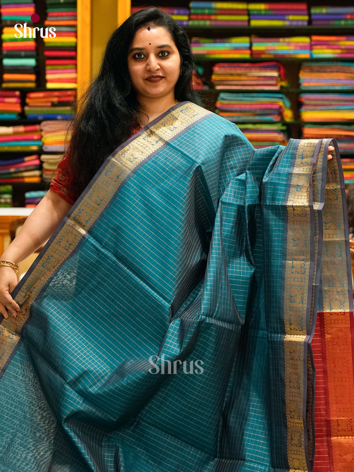 Peacock Green Halfpure Silk Cotton Saree with Checks | Maroon Contrast Border