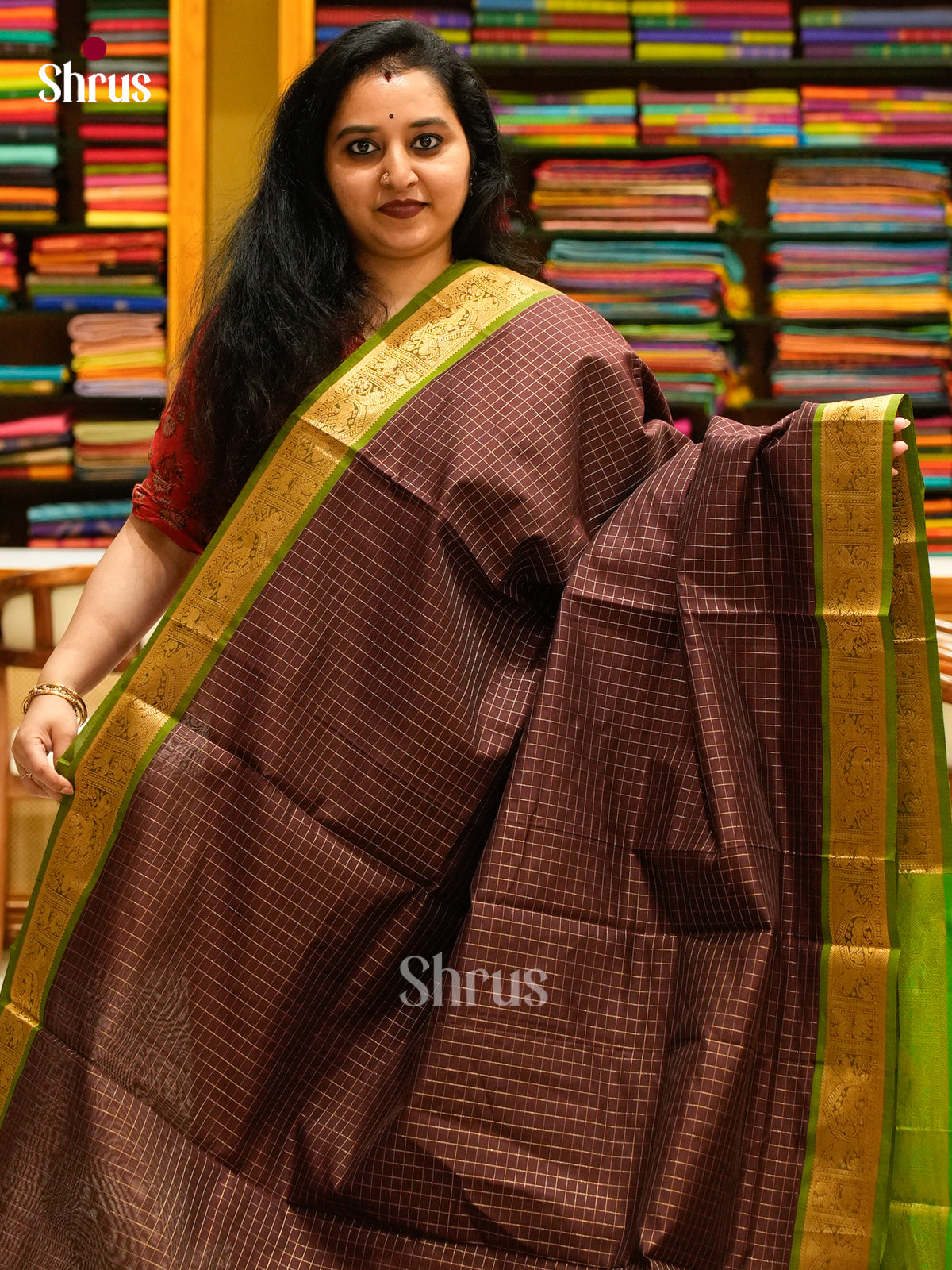 Dark Brown Halfpure Silk Cotton Saree with Checks | Green Contrast Border - Shop on Shrus.com