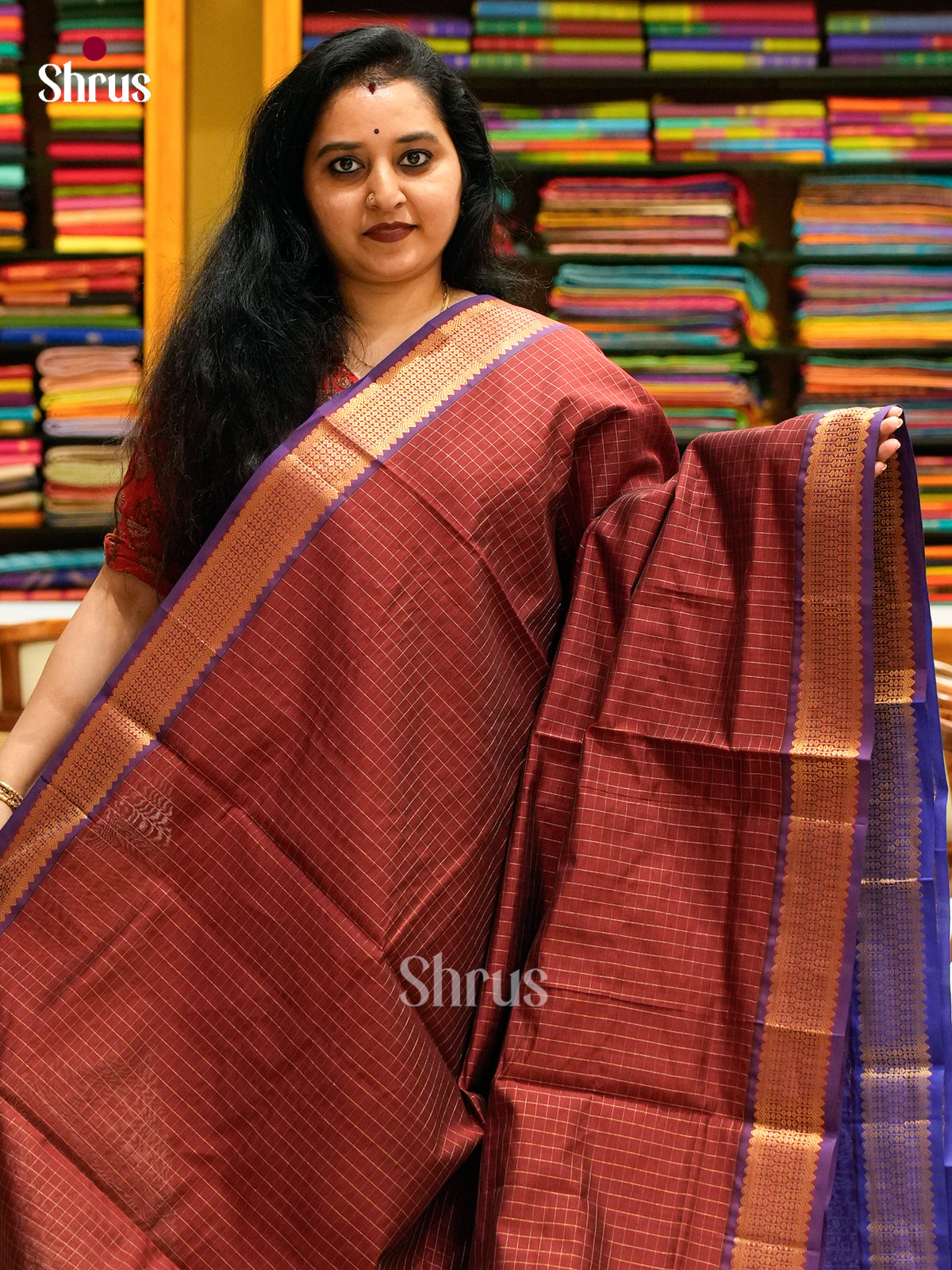 Blue Halfpure Silk Cotton Saree with Checks | Dark Brown Contrast Border - Shop on Shrus.com