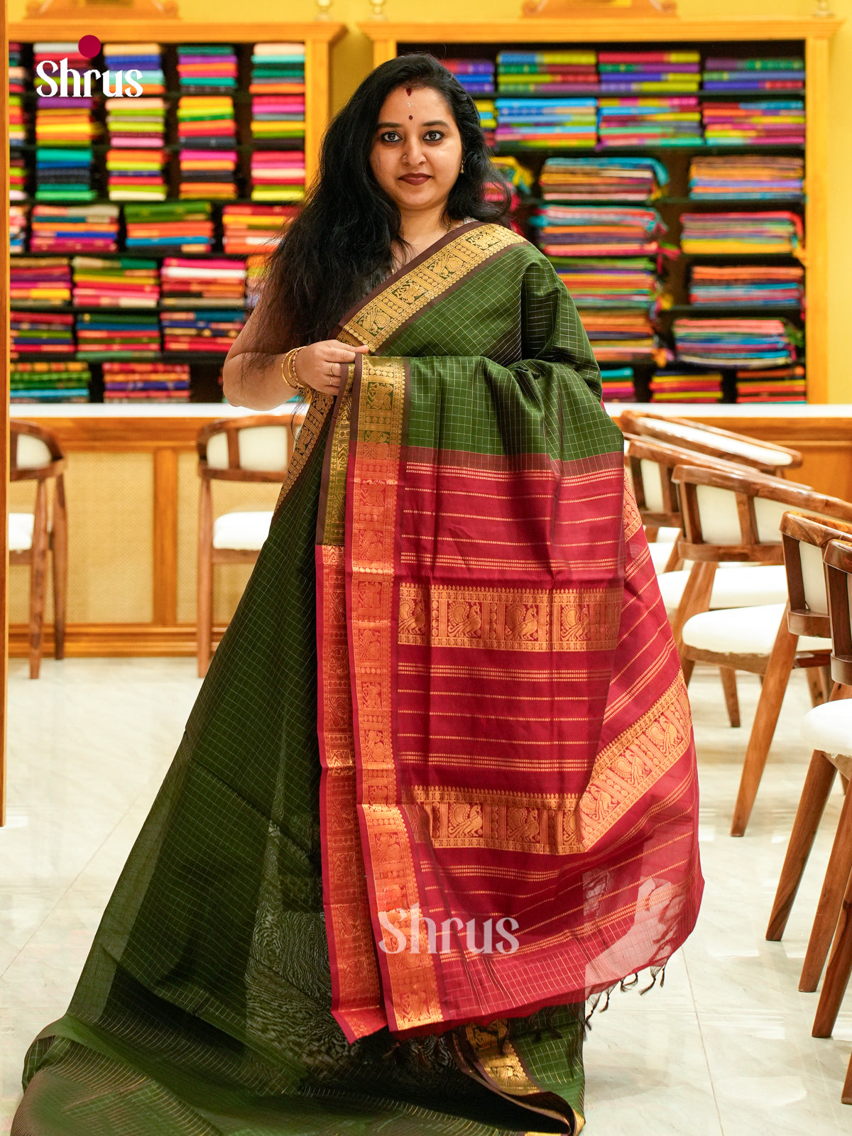 Dark Green Halfpure Silk Cotton Saree with Checks | Maroon Contrast Border