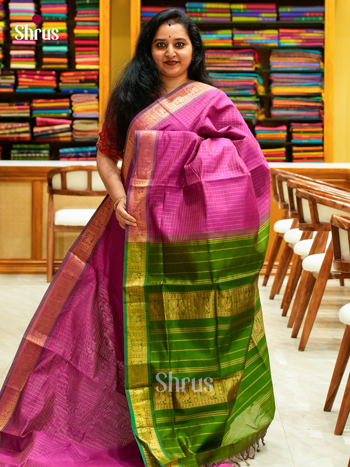 Rani Pink Halfpure Silk Cotton Saree with Checks | Dark Green Contrast Border - Shop on Shrus.com