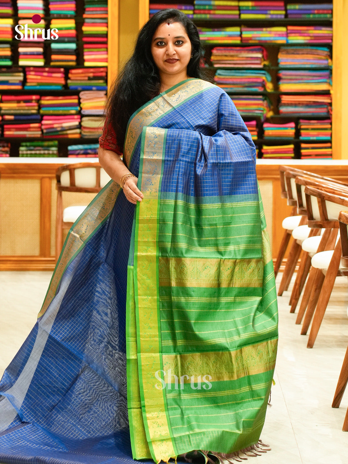 Peacock Blue Halfpure Silk Cotton Saree with Checks | Green Contrast Border