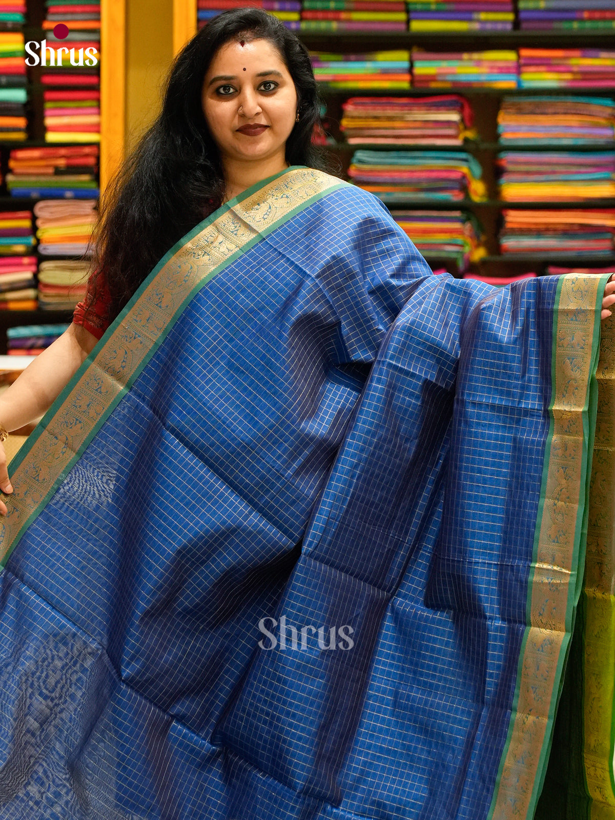 Peacock Blue Halfpure Silk Cotton Saree with Checks | Green Contrast Border