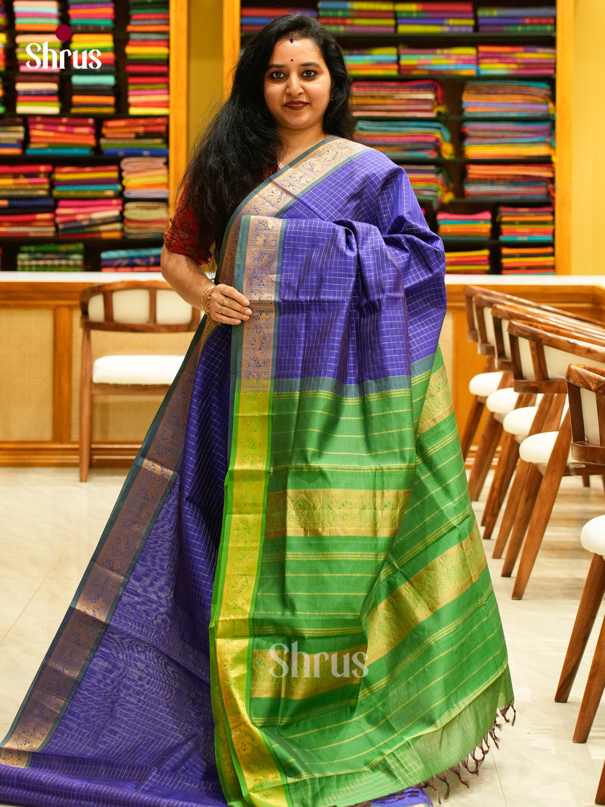 Indigo Blue Halfpure Silk Cotton Saree with Checks | Green Contrast Border