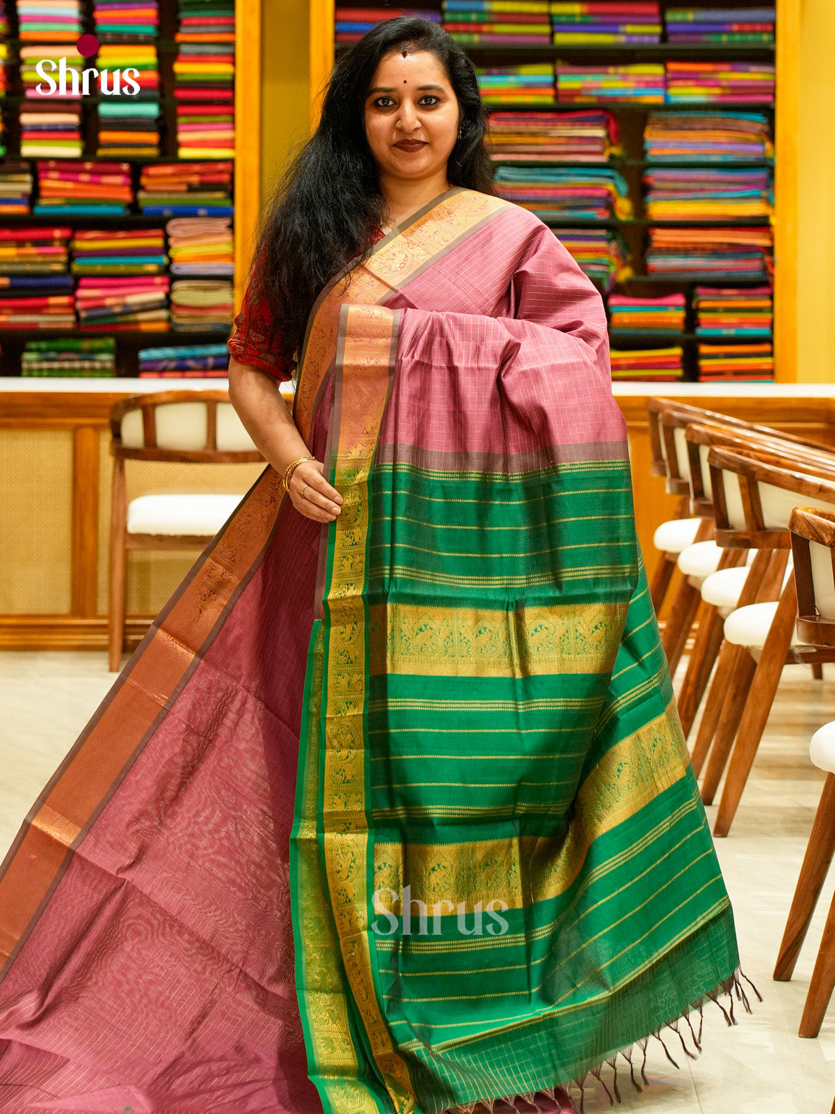 Purple Halfpure Silk Cotton Saree with Checks | Dark Green Contrast Border