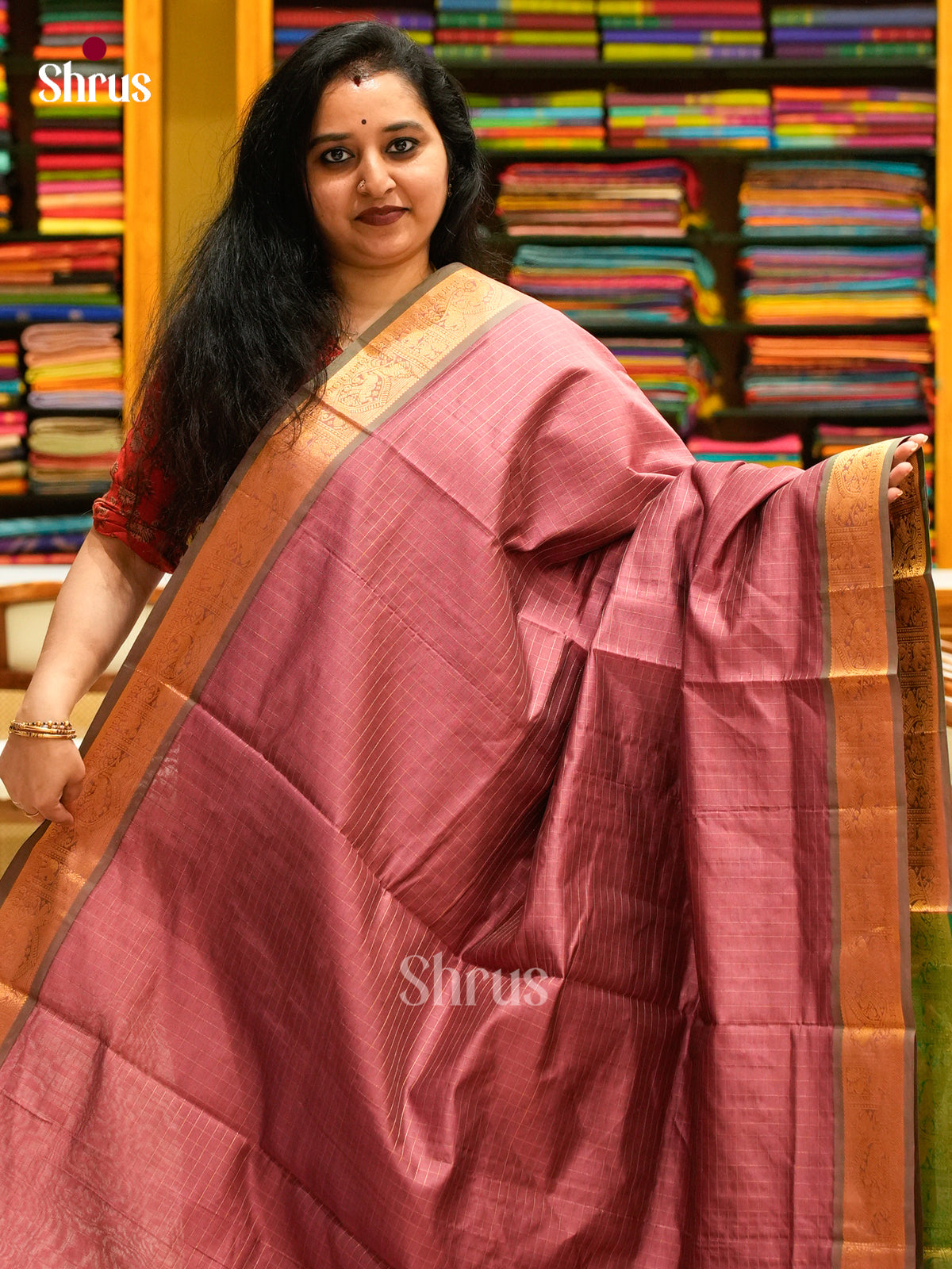 Purple Halfpure Silk Cotton Saree with Checks | Dark Green Contrast Border