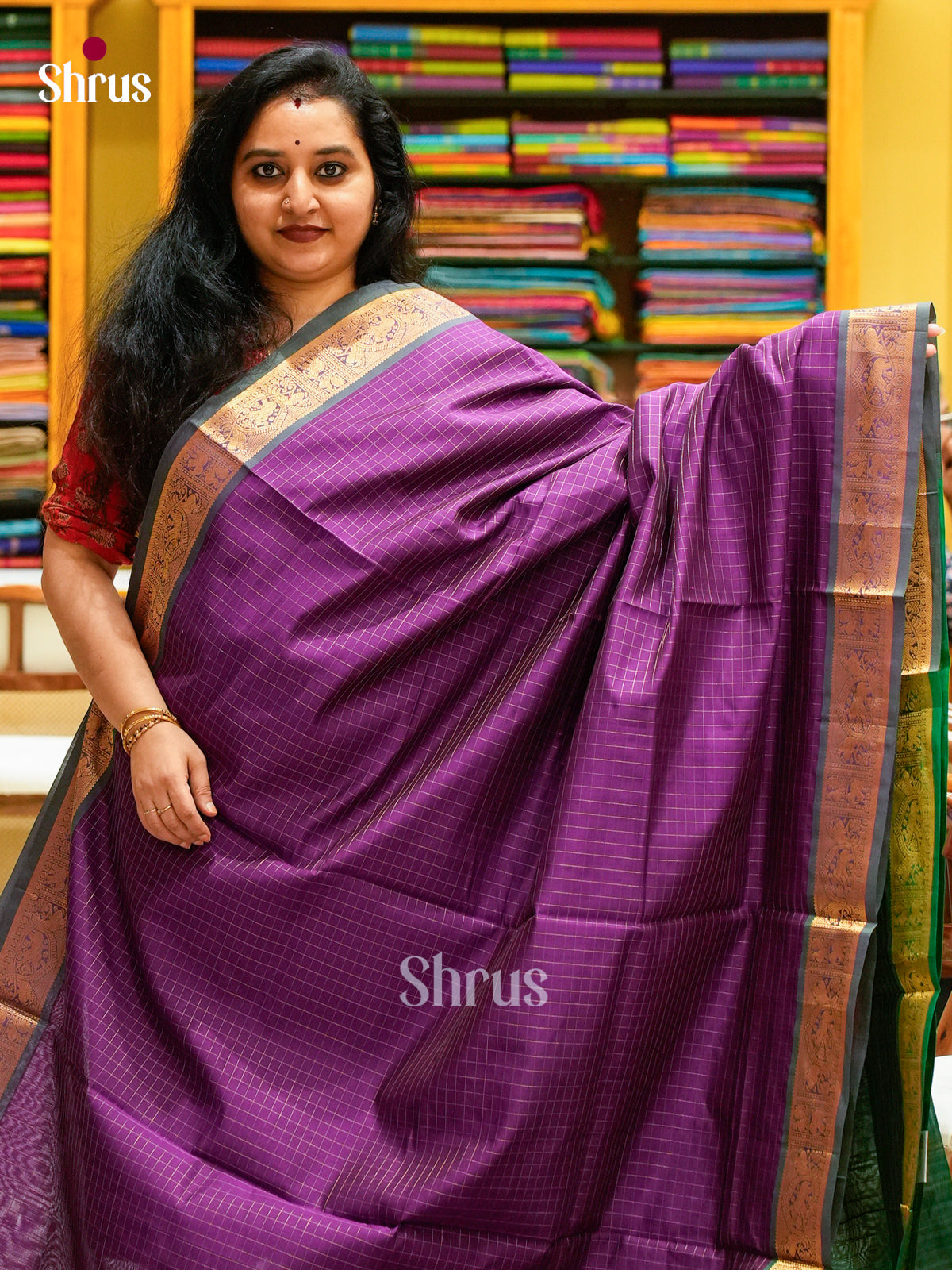 Violet Halfpure Silk Cotton Saree with Checks | Dark Green Contrast Border