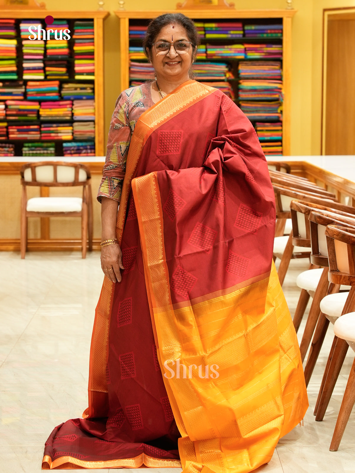 Maroon Halfpure Silk Cotton Saree with Diamond Buttas | Mustard Contrast Border