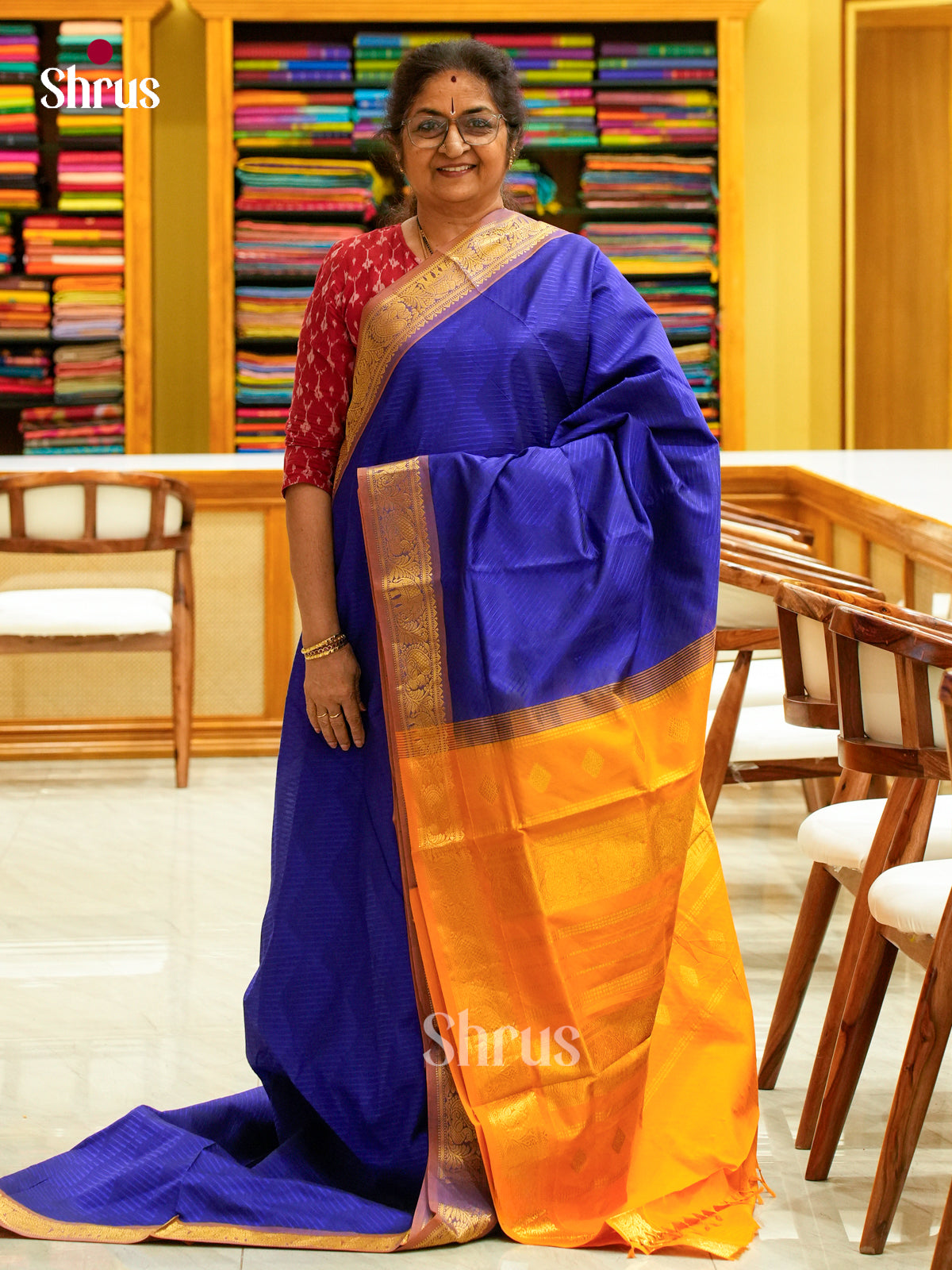Royal Blue Halfpure Silk Cotton Saree with Brocade | Mustard Contrast Border