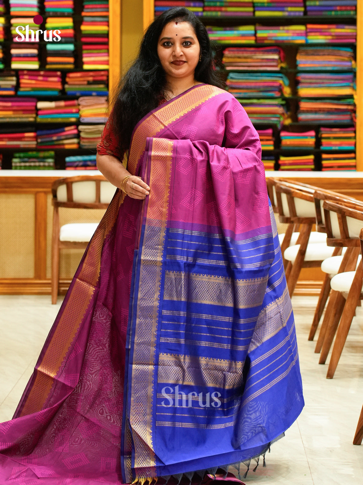 Magenta Halfpure Silk Cotton Saree with Diamond Buttas | Ink Blue Contrast Border