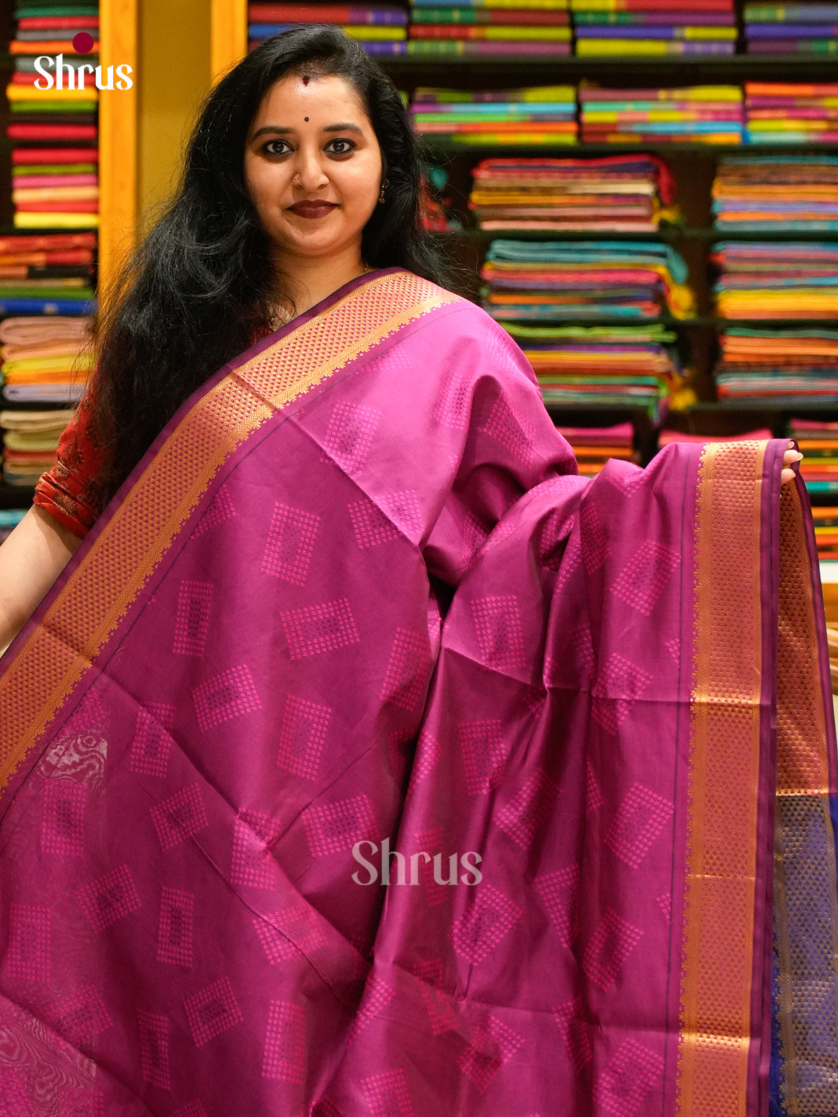 Magenta Halfpure Silk Cotton Saree with Diamond Buttas | Ink Blue Contrast Border
