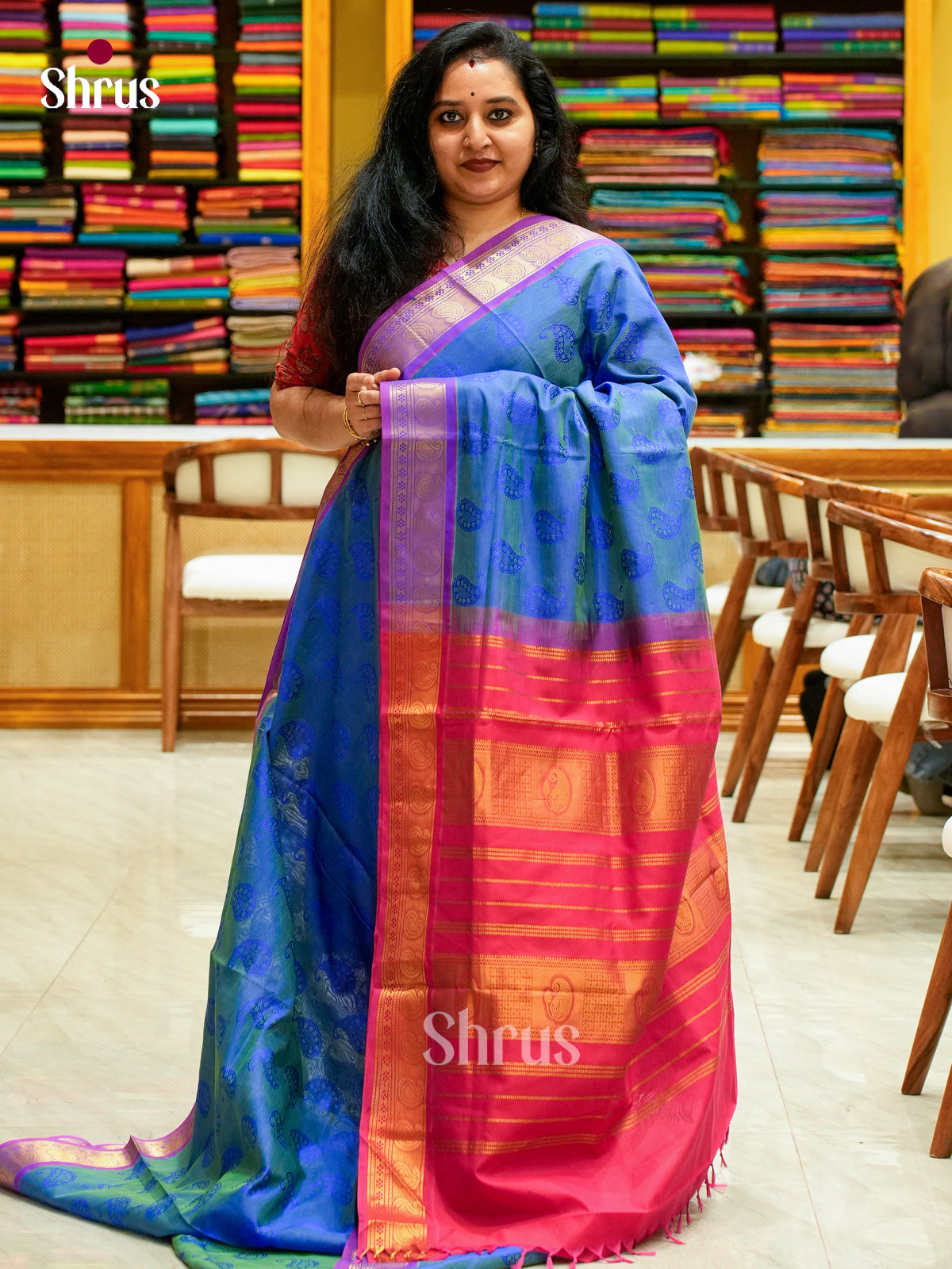 Dual Tone [Color] Halfpure Silk Cotton Saree with Mango / Paisley Buttas | Pink Contrast Border