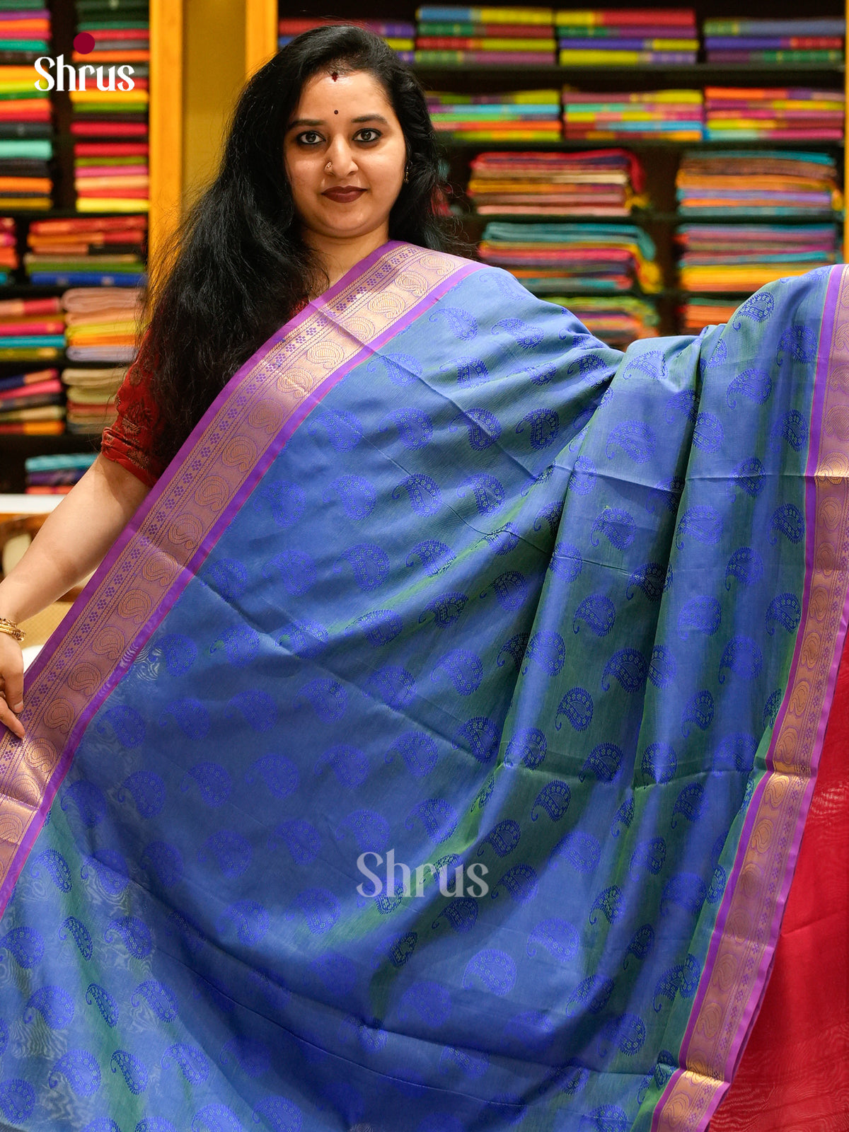 Dual Tone [Color] Halfpure Silk Cotton Saree with Mango / Paisley Buttas | Pink Contrast Border