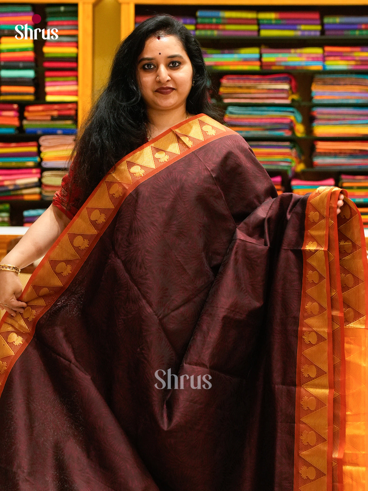 Dark Brown Halfpure Silk Cotton Saree with Brocade | Orange Contrast Border - Shop on Shrus.com