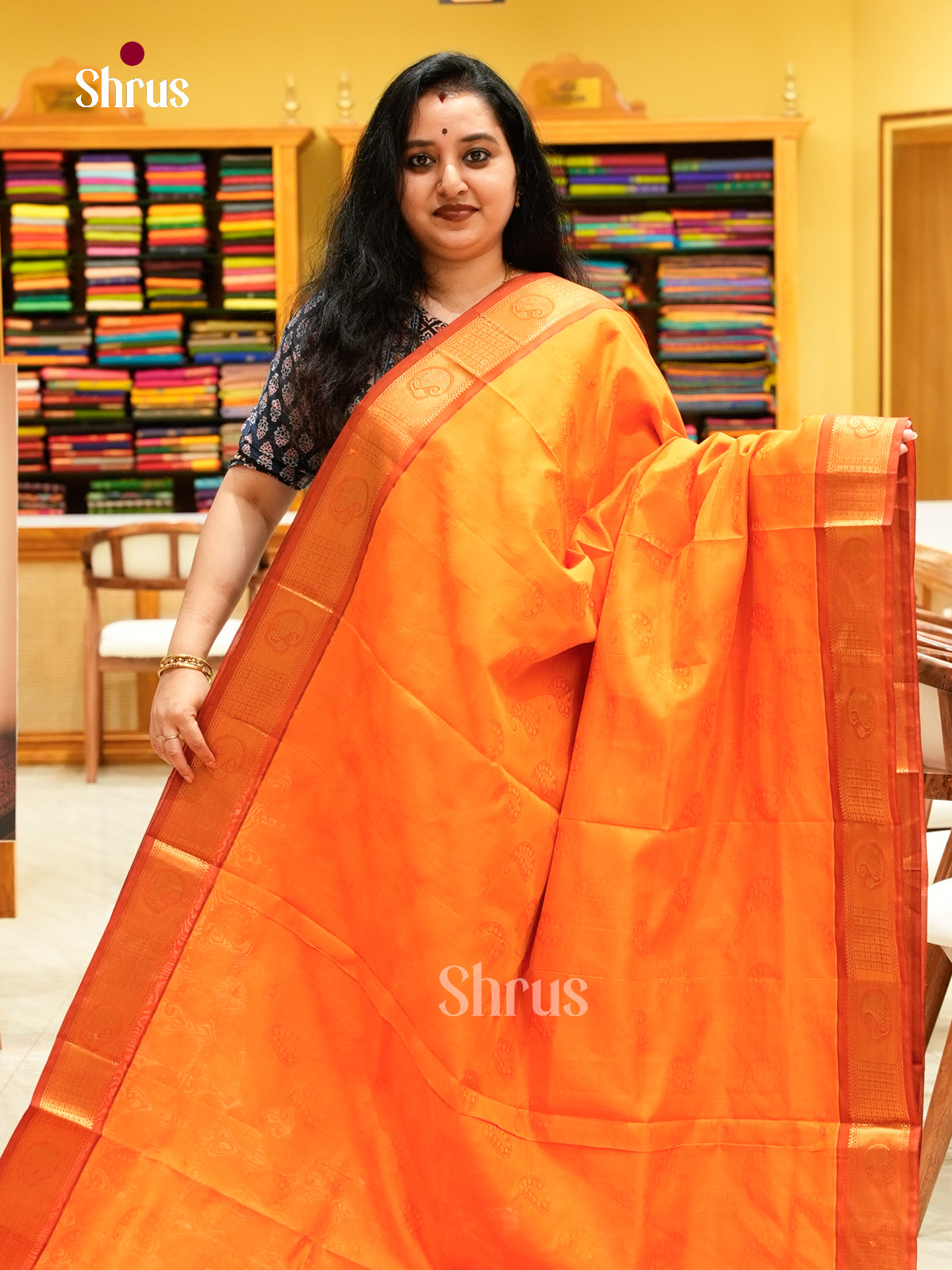 Orange Halfpure Silk Cotton Saree with Mango / Paisley Buttas | Dark Orange Contrast Border