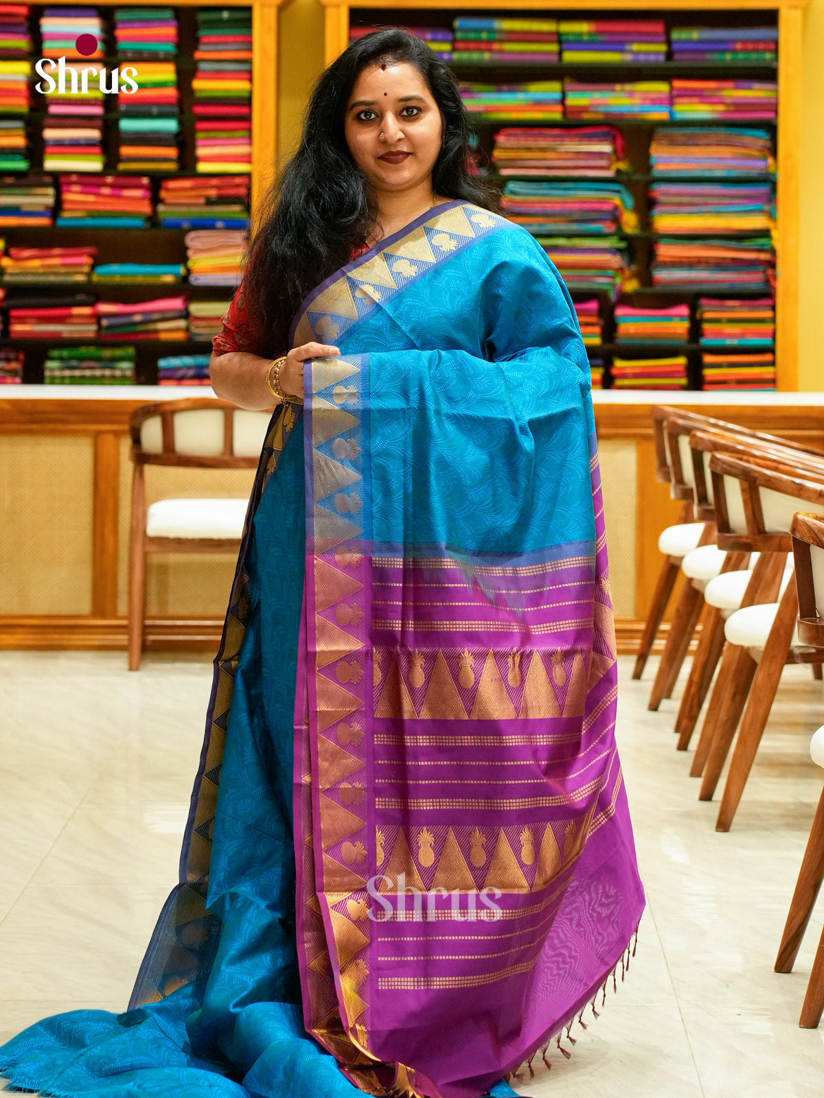 Peacock Blue Halfpure Silk Cotton Saree with Brocade | Violet Contrast Border