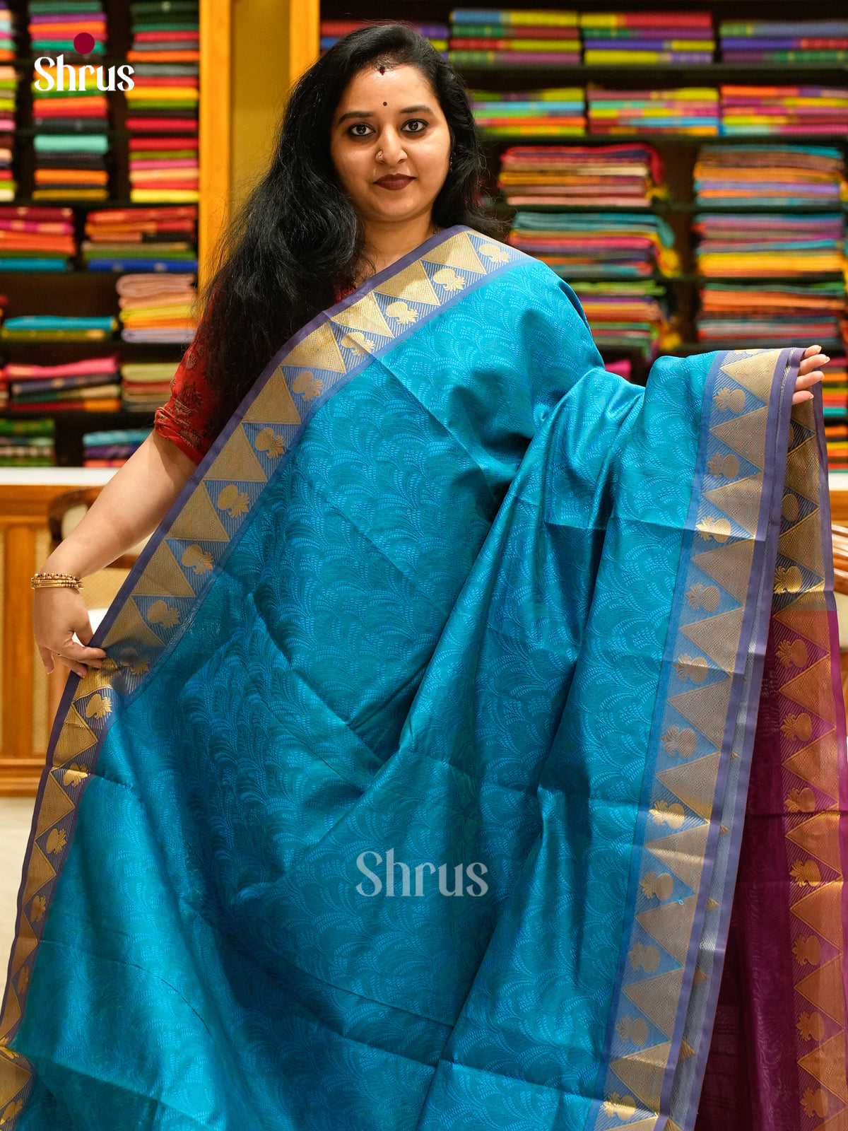 Peacock Blue Halfpure Silk Cotton Saree with Brocade | Violet Contrast Border