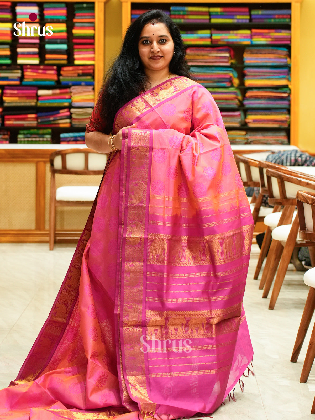 Pink Halfpure Silk Cotton Saree with Floral Buttas | Rani Pink Contrast Border - Shop on Shrus.com