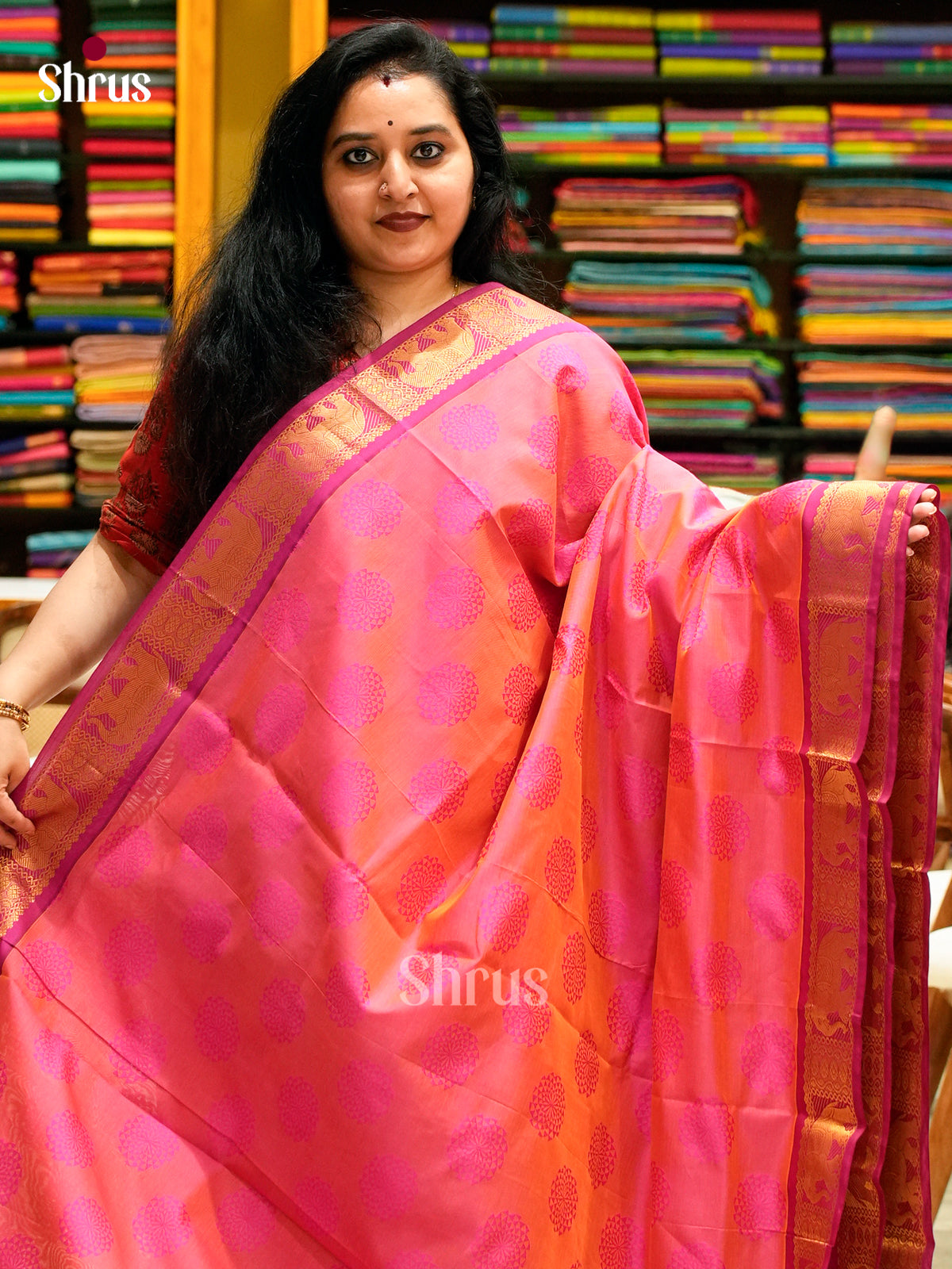 Pink Halfpure Silk Cotton Saree with Floral Buttas | Rani Pink Contrast Border - Shop on Shrus.com