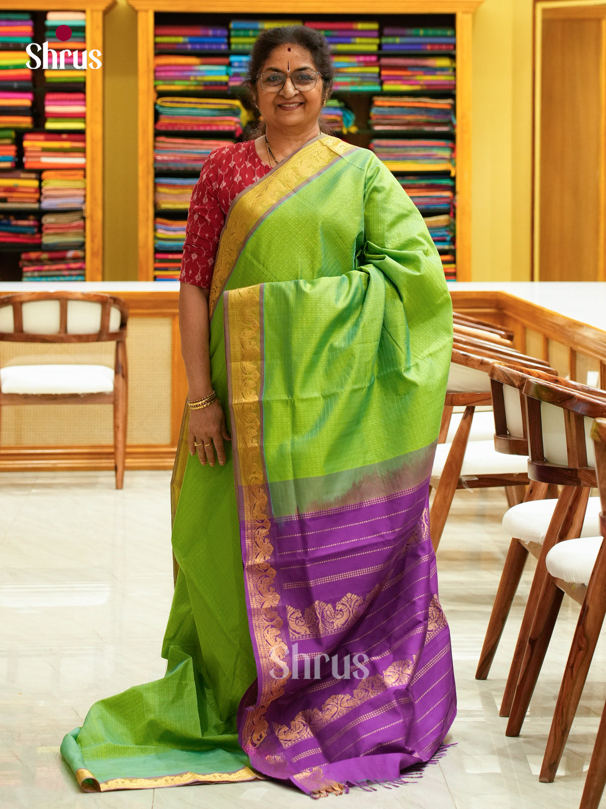 Lime Green Halfpure Silk Cotton Saree with Checks and Thousand Buttas | Violet Contrast Border