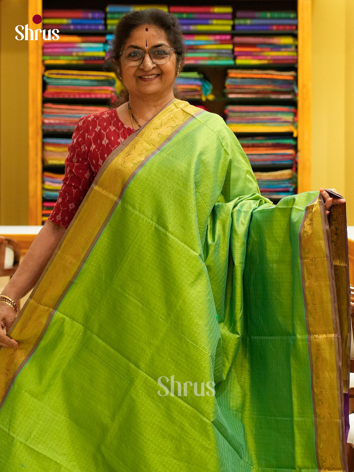 Lime Green Halfpure Silk Cotton Saree with Checks and Thousand Buttas | Violet Contrast Border