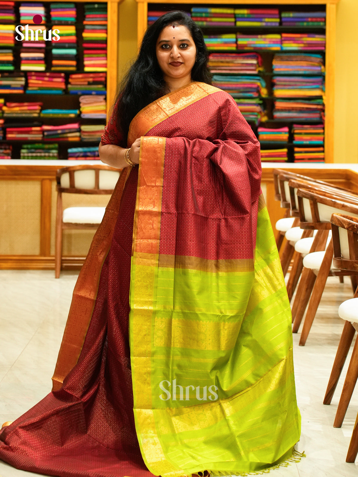 Maroon Halfpure Silk Cotton Saree with Round Zari Buttas | Light Green Contrast Border