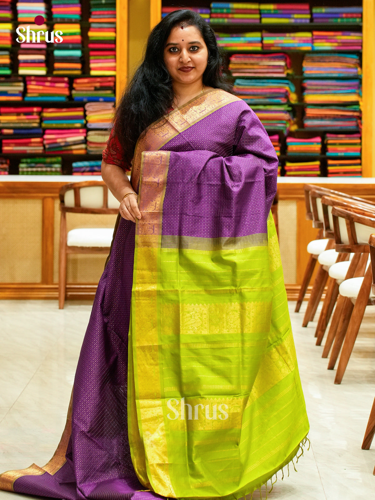 Violet Halfpure Silk Cotton Saree with Round Zari Buttas | Light Green Contrast Border - Shop on Shrus.com