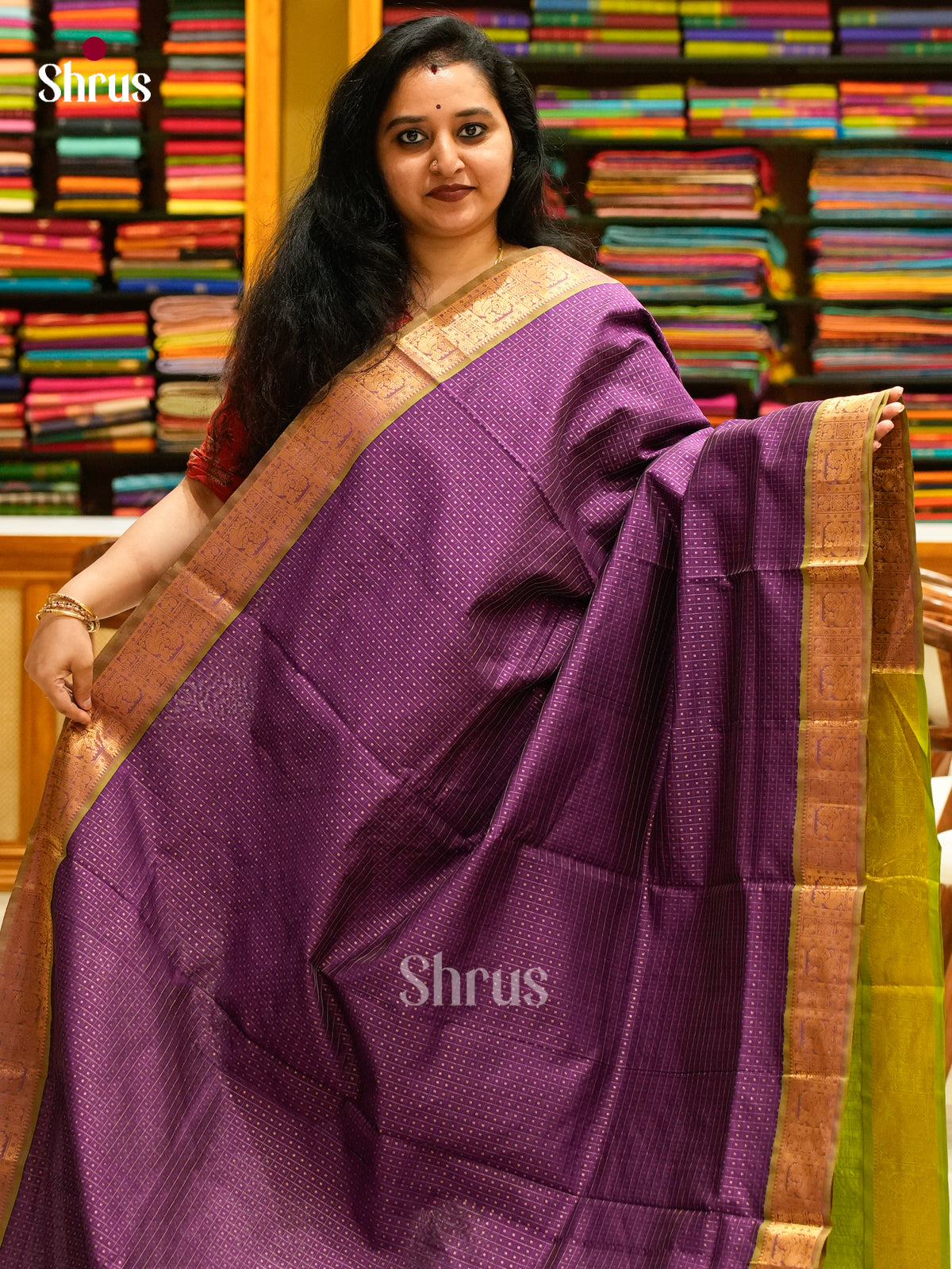 Violet Halfpure Silk Cotton Saree with Round Zari Buttas | Light Green Contrast Border - Shop on Shrus.com