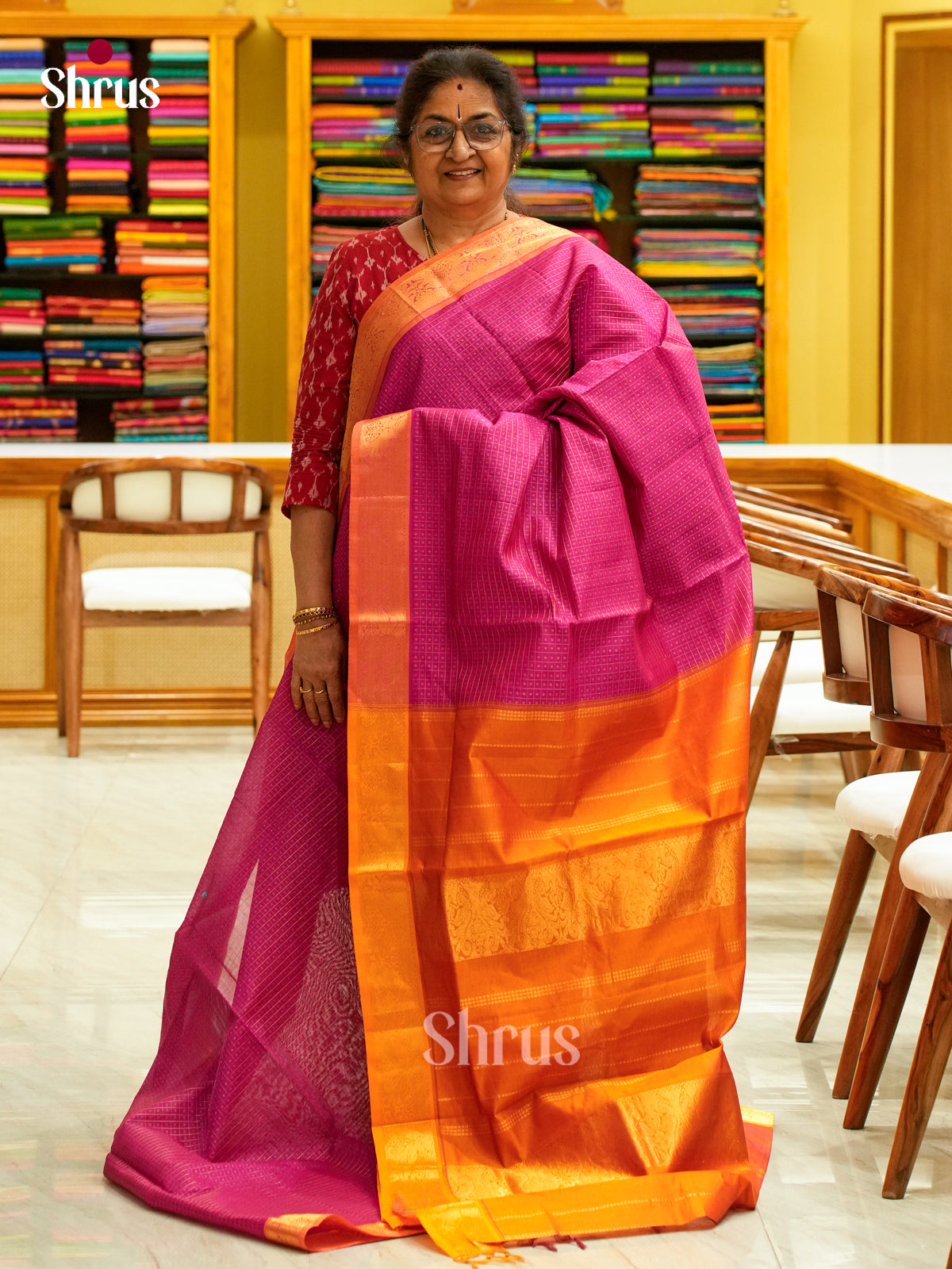 Dark Orange Halfpure Silk Cotton Saree with Checks and Thousand Buttas | Pink Contrast Border