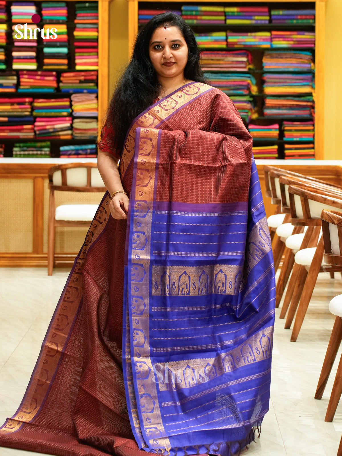 Maroon Halfpure Silk Cotton Saree with Round Zari Buttas | Blue Contrast Border