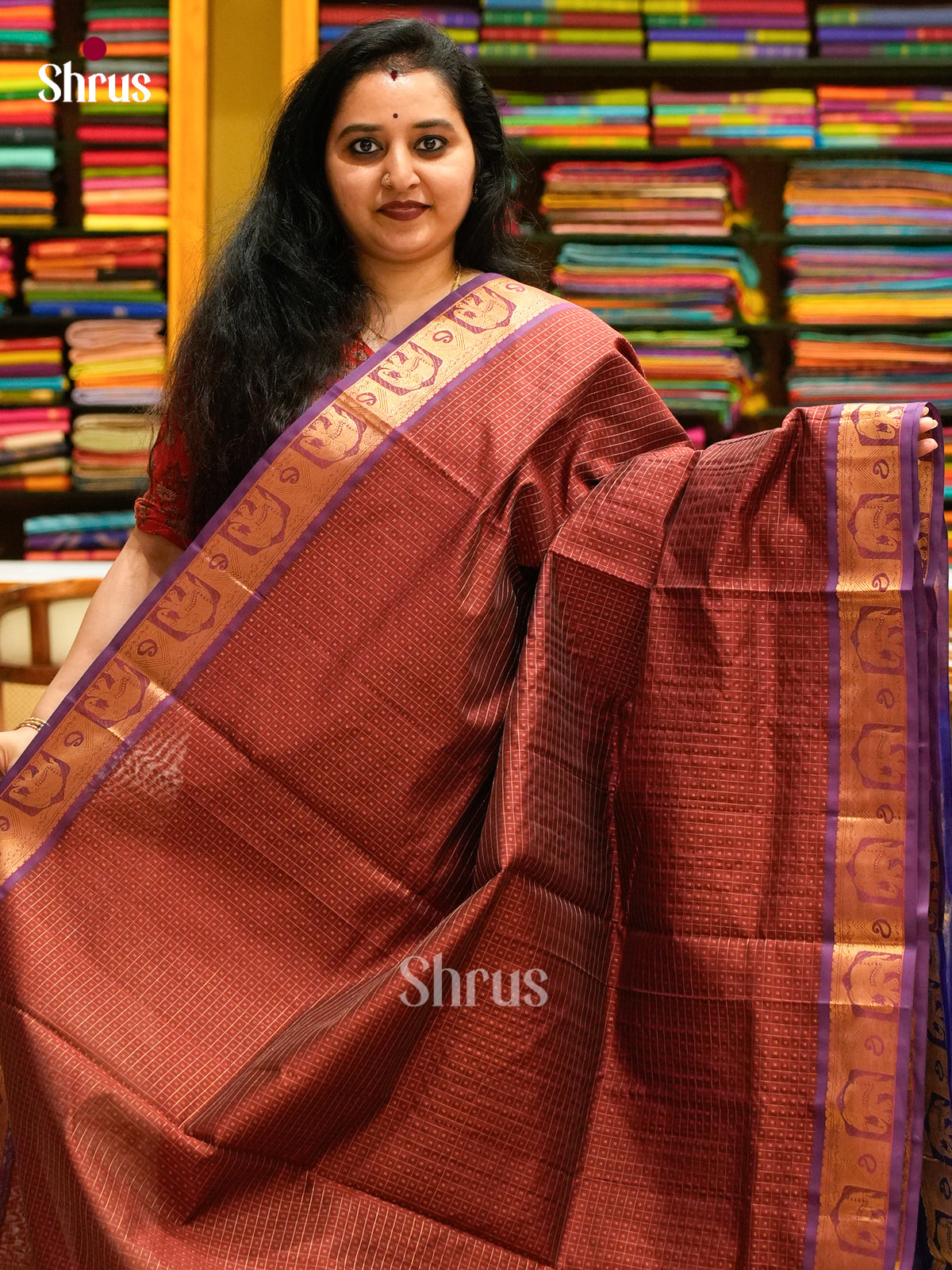 Maroon Halfpure Silk Cotton Saree with Round Zari Buttas | Blue Contrast Border