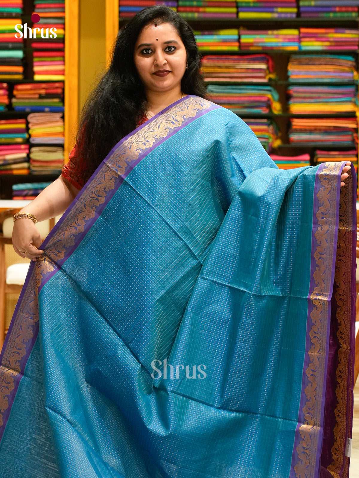 Peacock Blue Halfpure Silk Cotton Saree with Round Zari Buttas | Violet Contrast Border