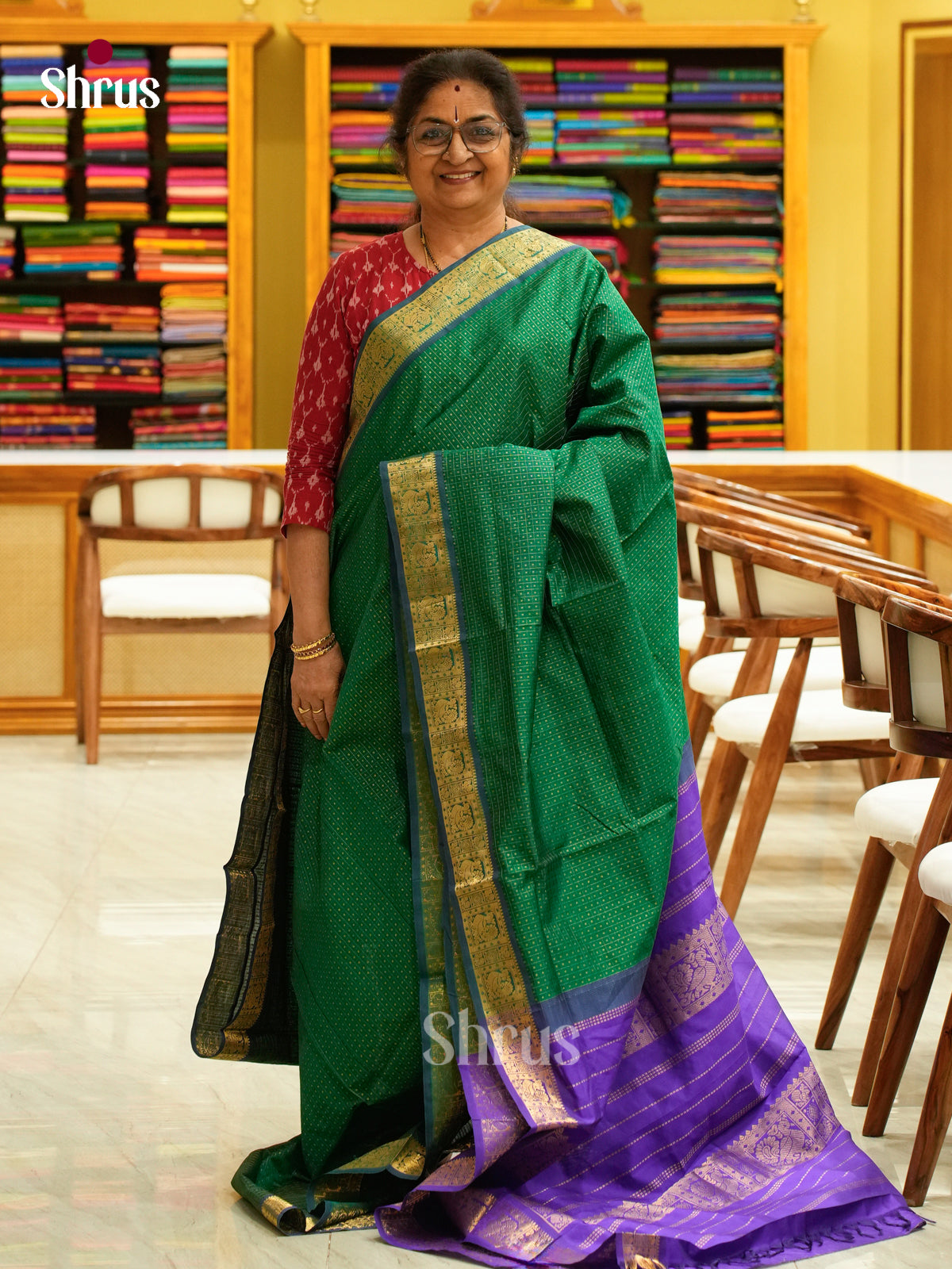 Bottle Green Halfpure Silk Cotton Saree with Checks and Thousand Buttas | Purple Contrast Border