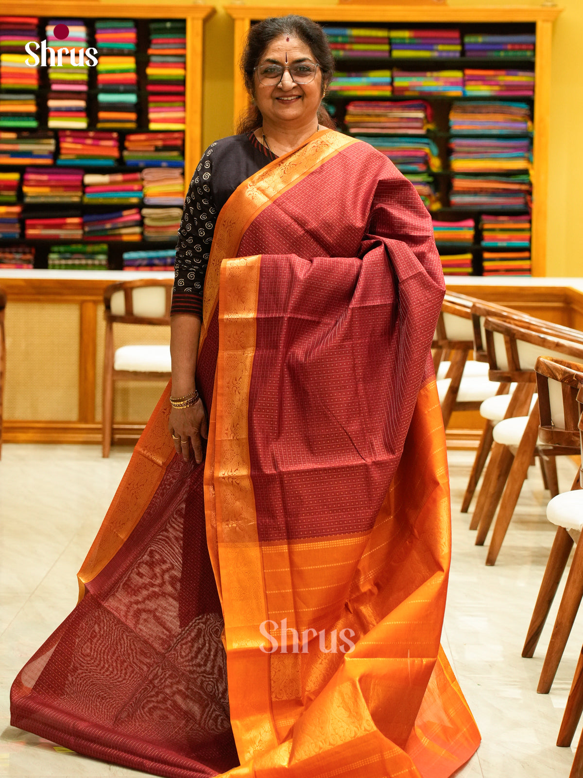 Maroon Silk Cotton Saree with Thousand Buttas | Rust Orange Contrast Border - Shop on Shrus.com