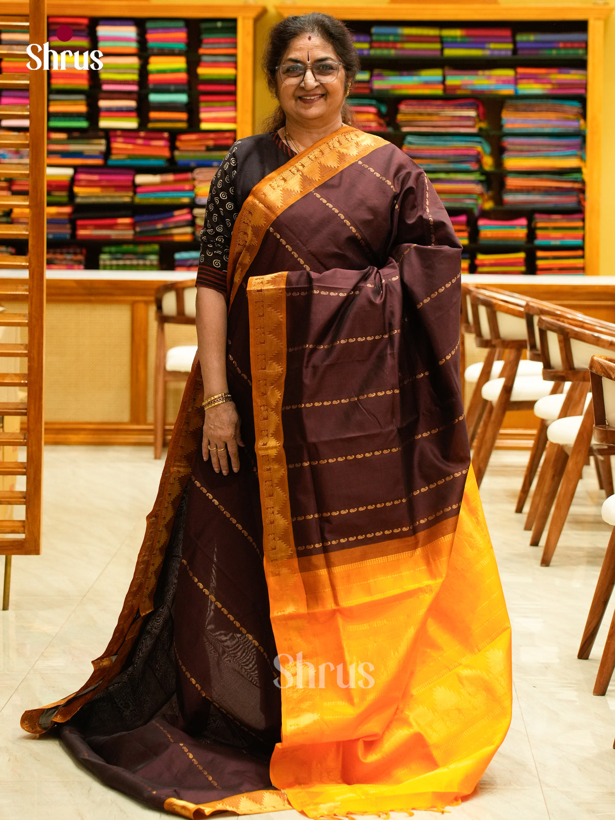 Dark Brown Halfpure Silk Cotton Saree with Mango / Paisley Buttas | Orange Contrast Border