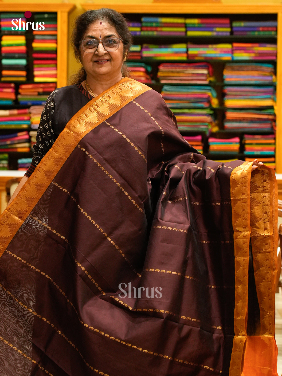 Dark Brown Halfpure Silk Cotton Saree with Mango / Paisley Buttas | Orange Contrast Border