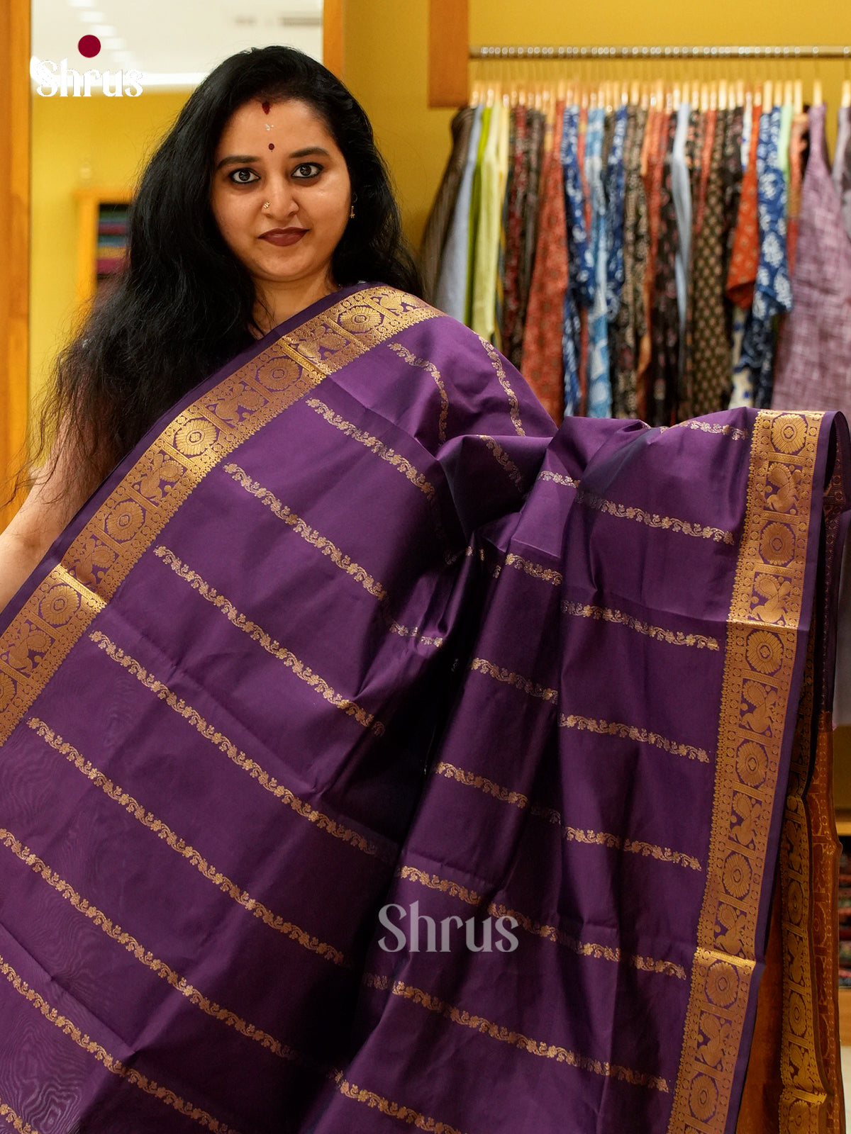 Violet Halfpure Silk Cotton Saree with Floral Buttas | Mustard Contrast Border