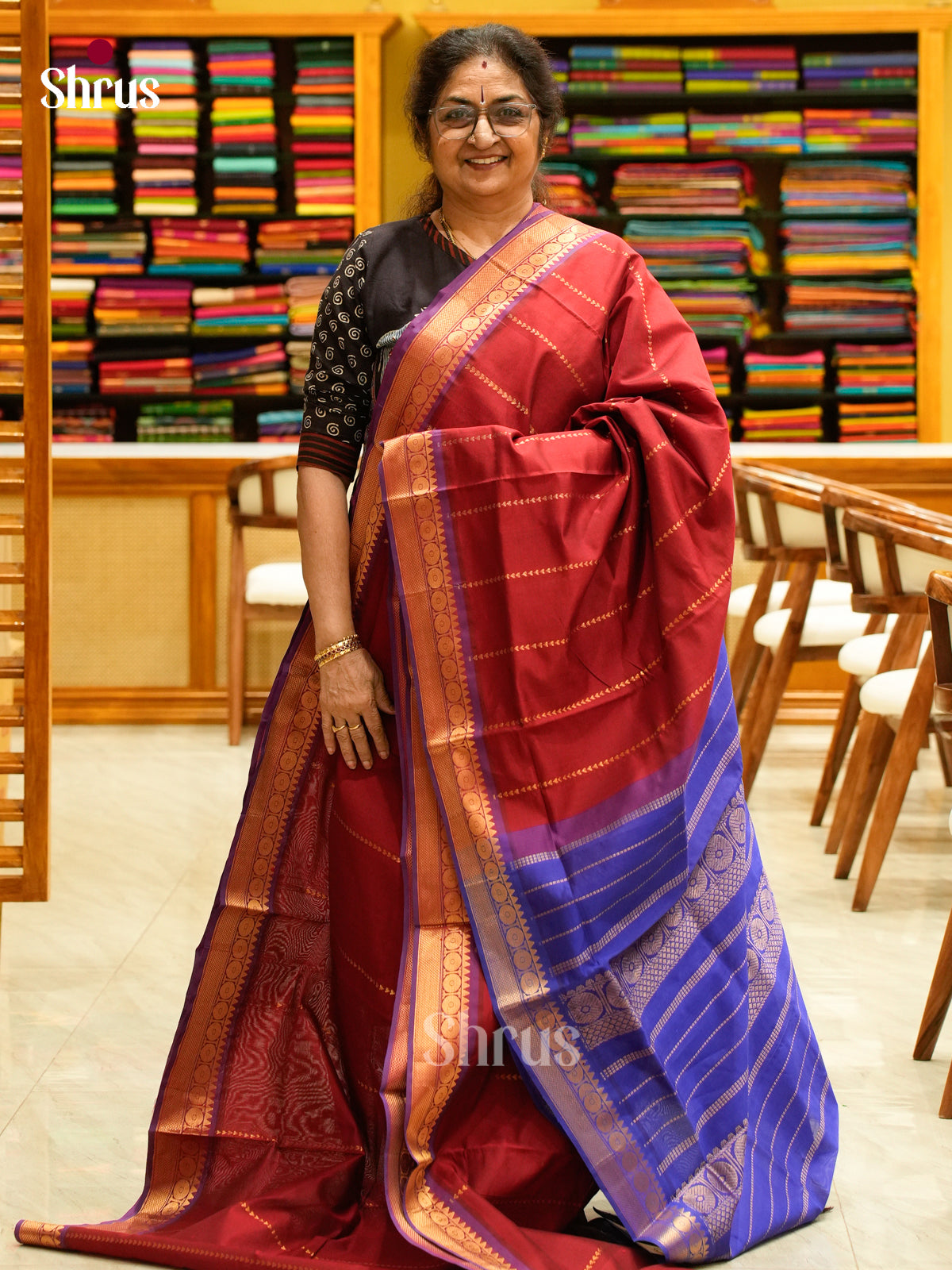Maroon Halfpure Silk Cotton Saree with Geometric Buttas | Blue Contrast Border - Shop on Shrus.com