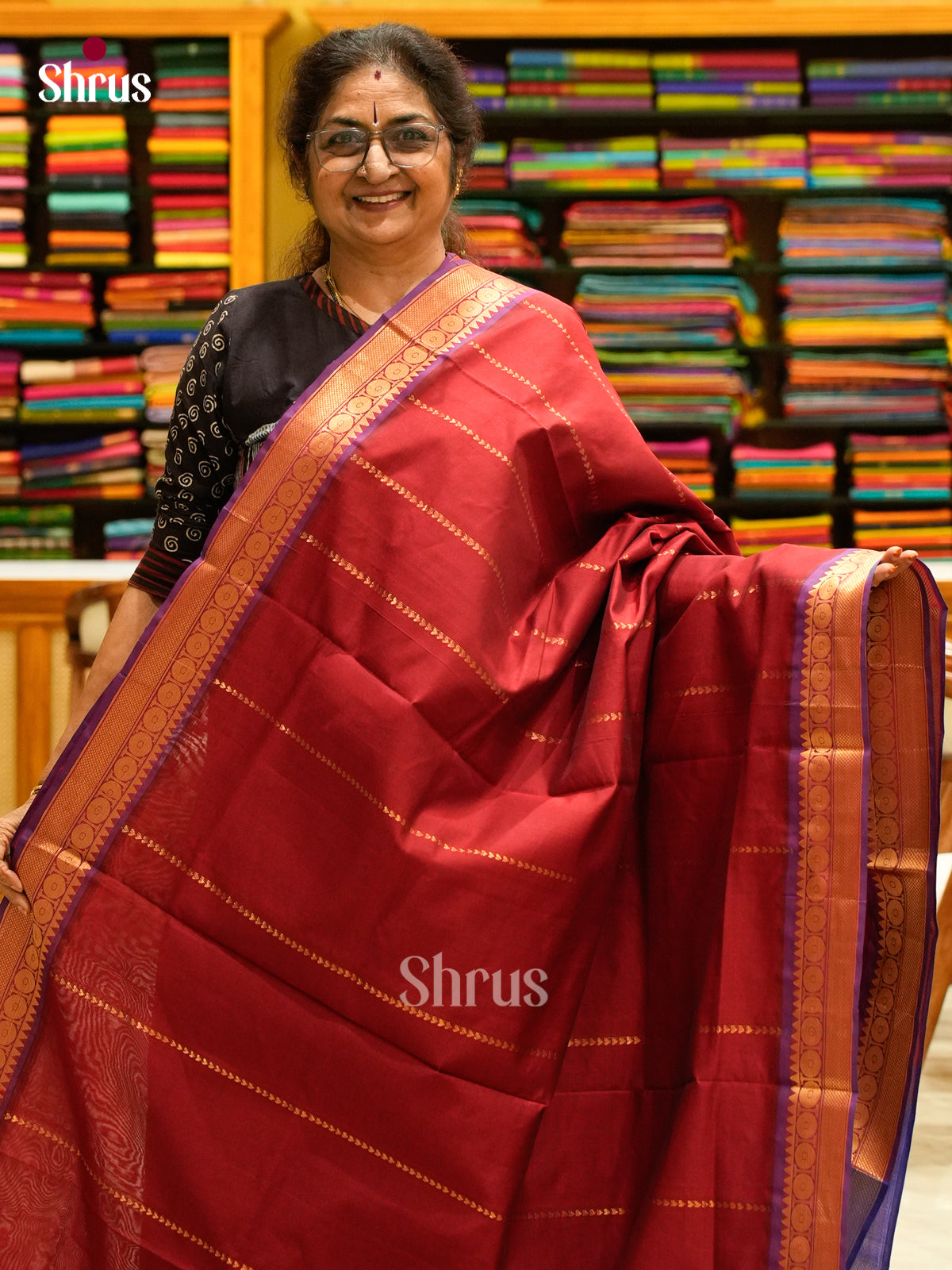 Maroon Halfpure Silk Cotton Saree with Geometric Buttas | Blue Contrast Border - Shop on Shrus.com