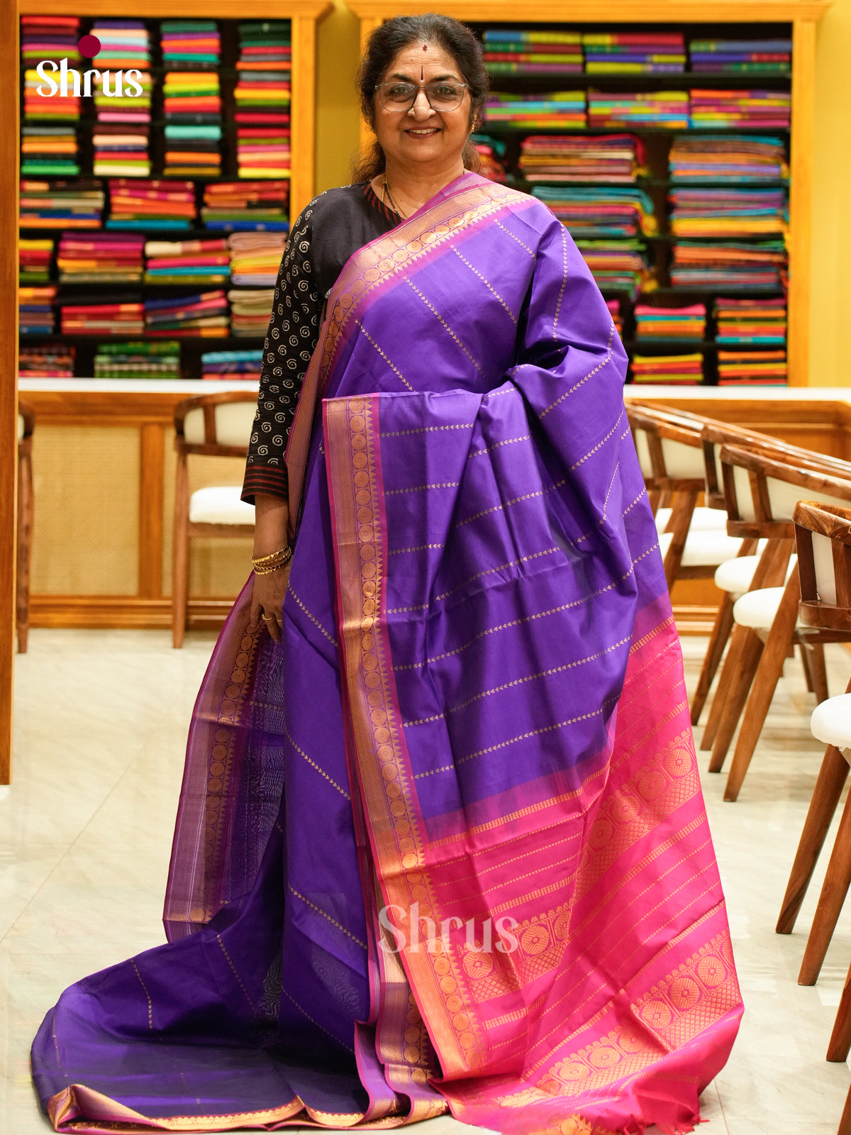 Violet Halfpure Silk Cotton Saree with Geometric Buttas | Pink Contrast Border - Shop on Shrus.com