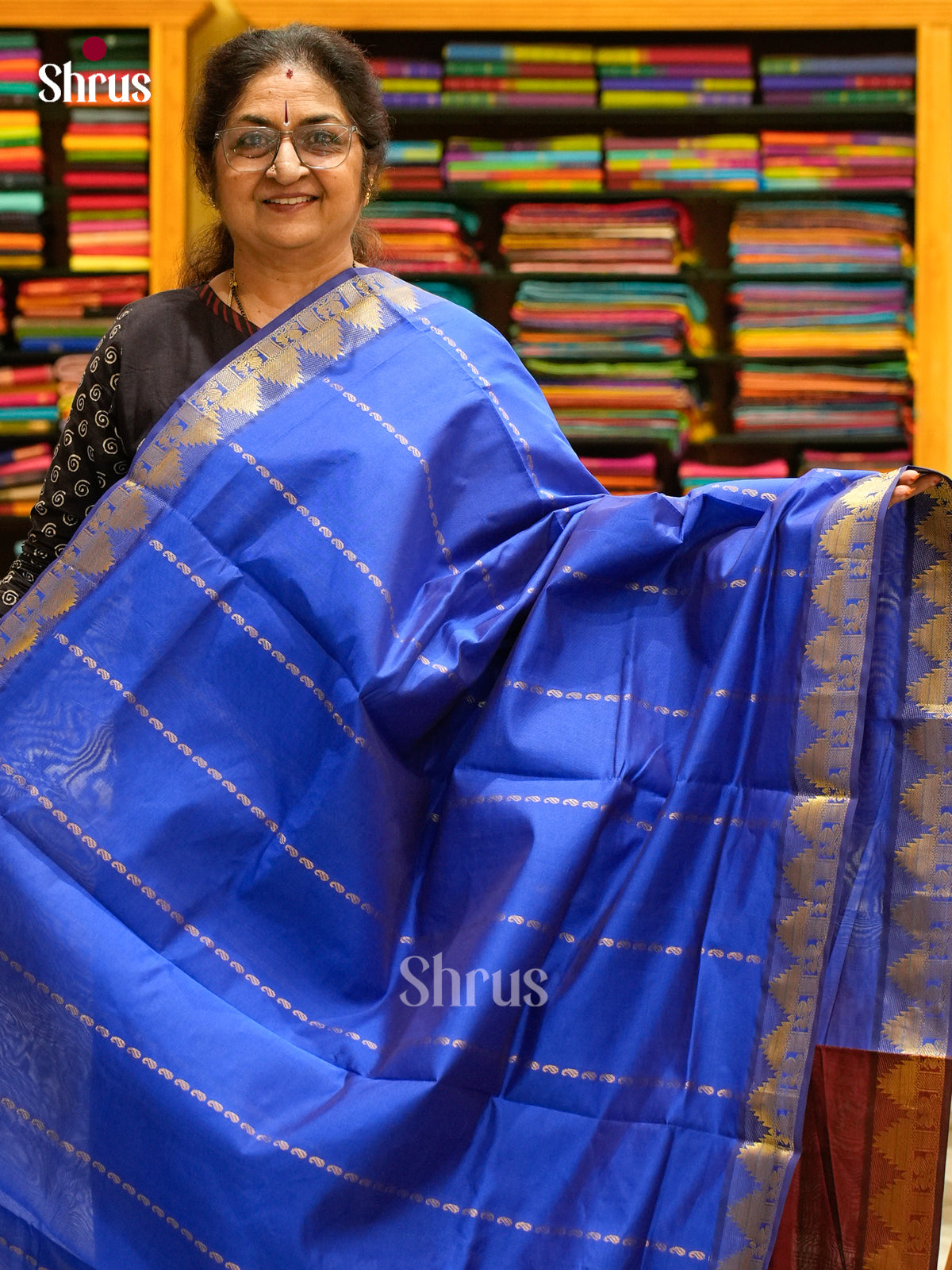 Blue Halfpure Silk Cotton Saree with Mango / Paisley Buttas | Maroon Contrast Border - Shop on Shrus.com