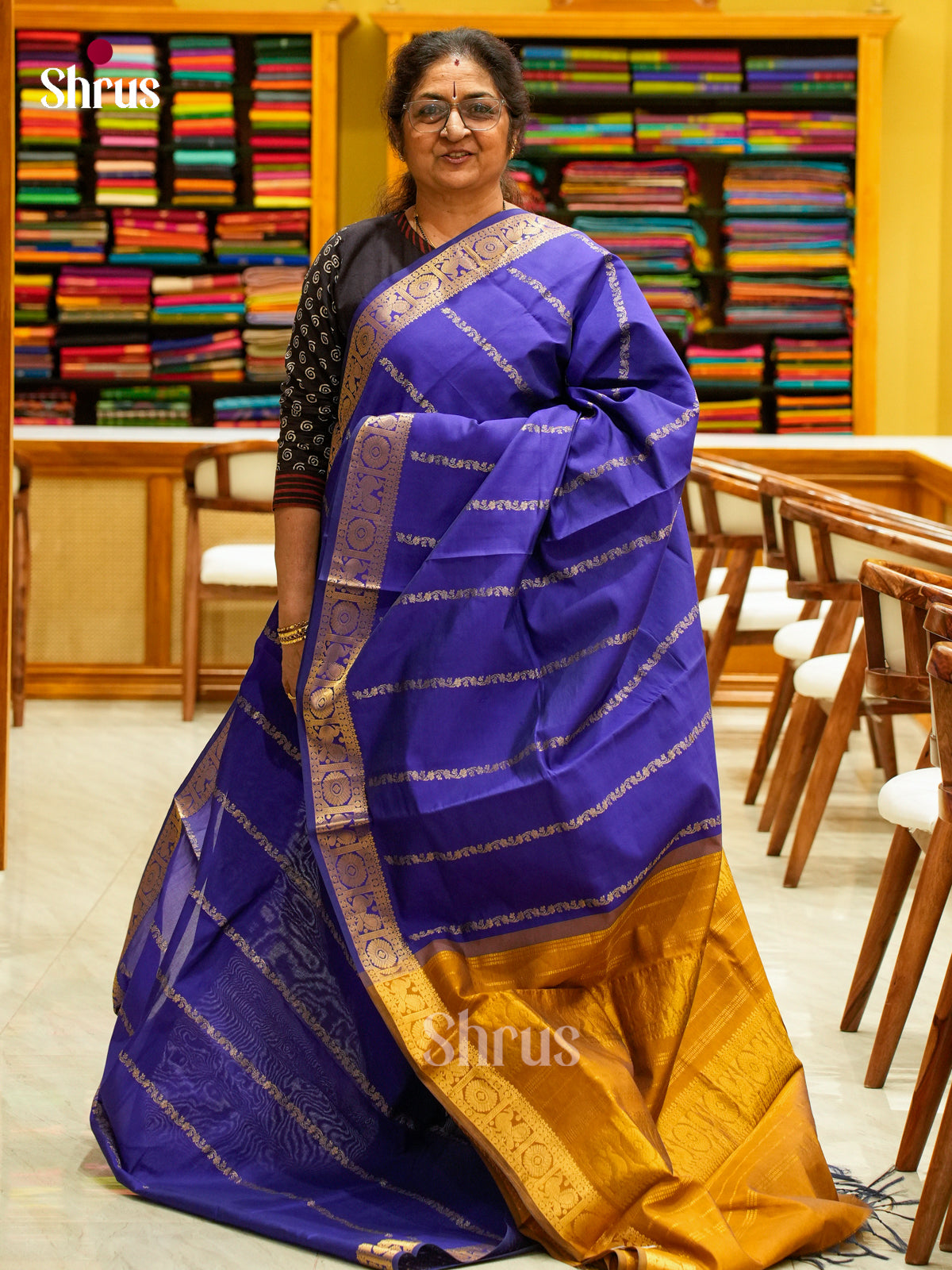 Blue Halfpure Silk Cotton Saree with Floral Buttas | Mustard Contrast Border - Shop on Shrus.com
