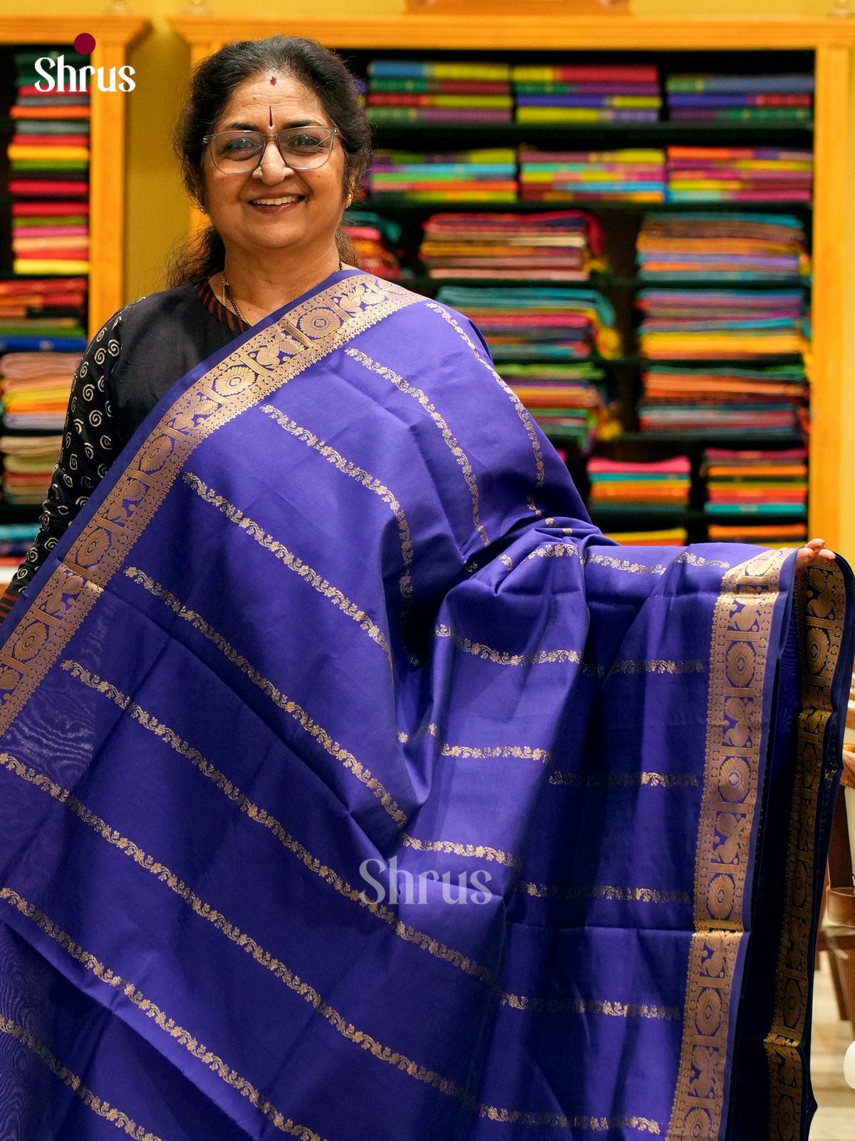 Blue Halfpure Silk Cotton Saree with Floral Buttas | Mustard Contrast Border - Shop on Shrus.com