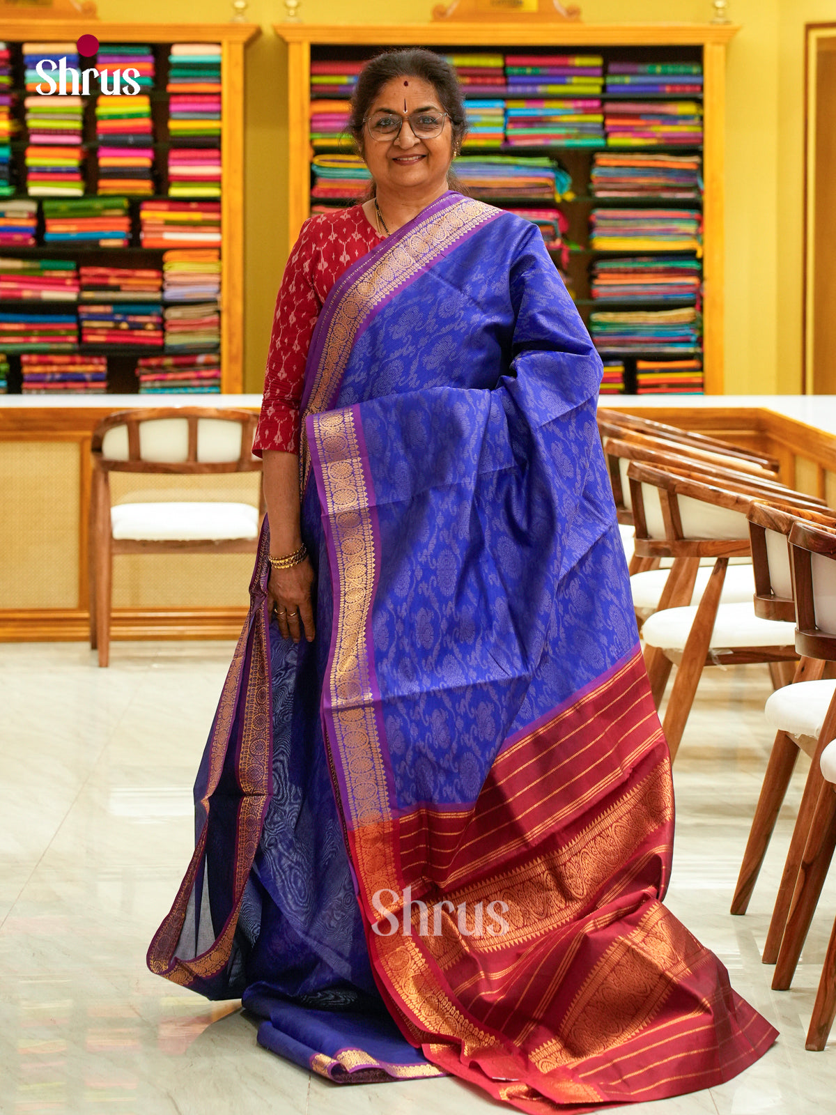 Blue Halfpure Silk Cotton Saree with Brocade and Floral Nestling Brocade | Maroon Contrast Border
