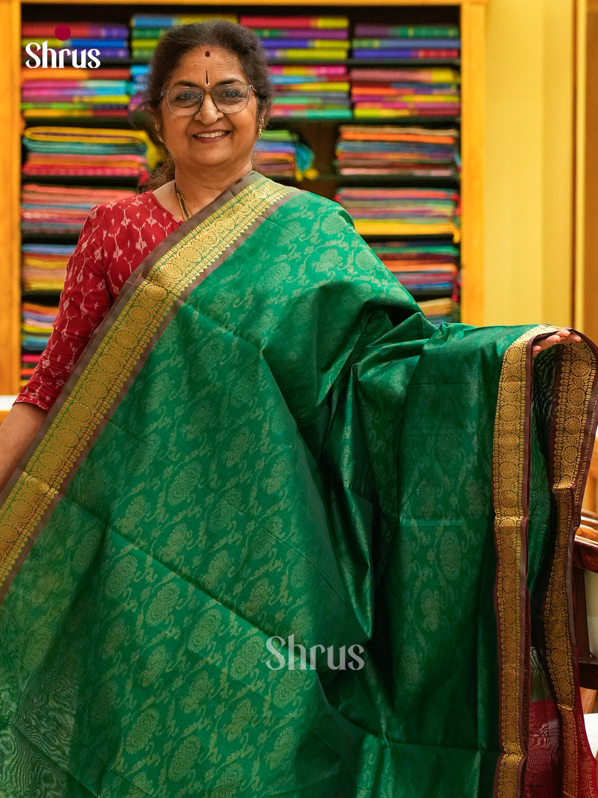 Dark Green Halfpure Silk Cotton Saree with Lines and Vaira Oosi | Maroon Contrast Border