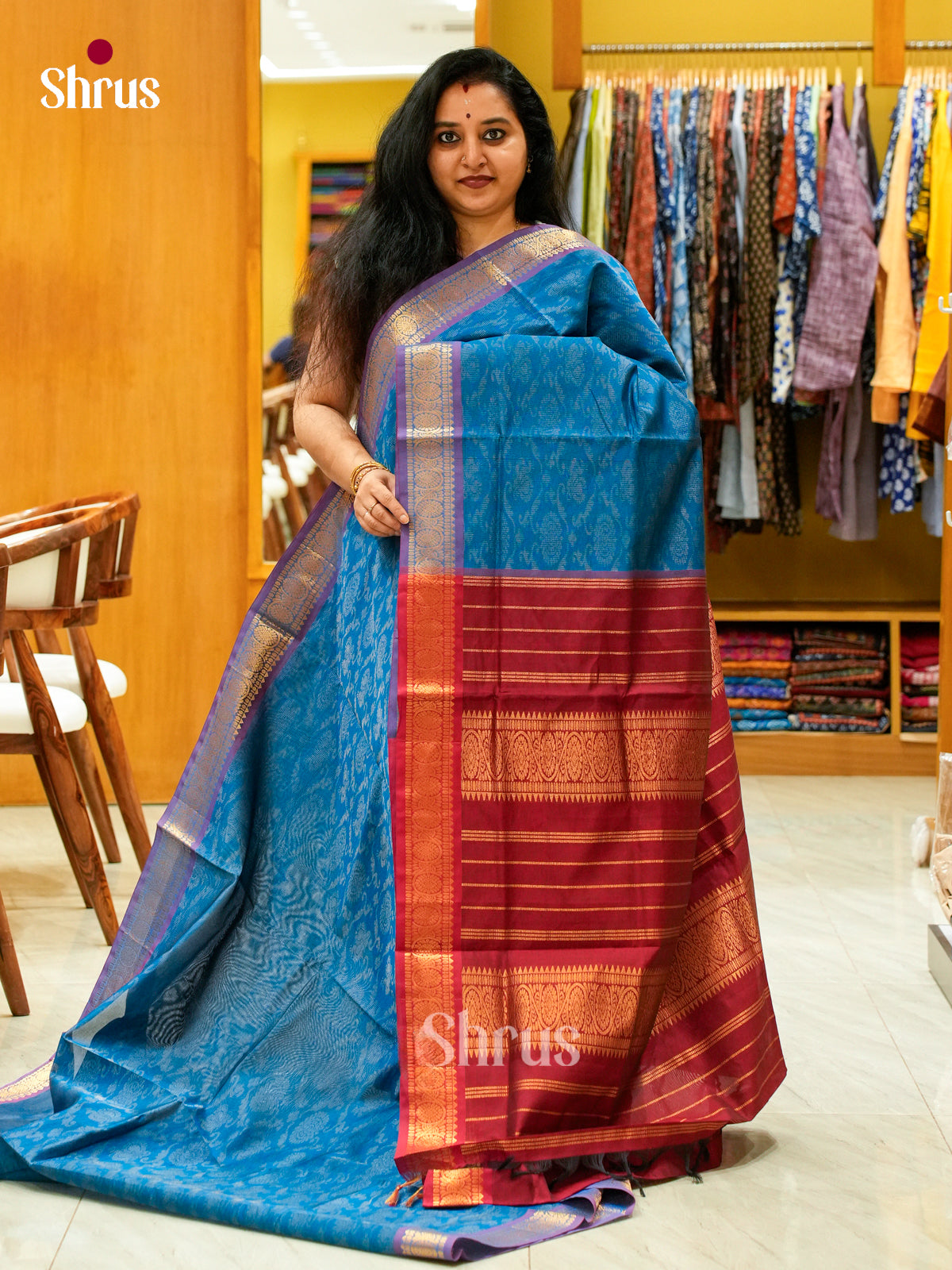 Peacock Blue Halfpure Silk Cotton Saree with Brocade | Maroon Contrast Border