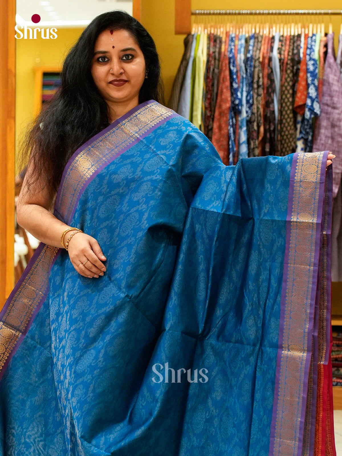 Peacock Blue Halfpure Silk Cotton Saree with Brocade | Maroon Contrast Border